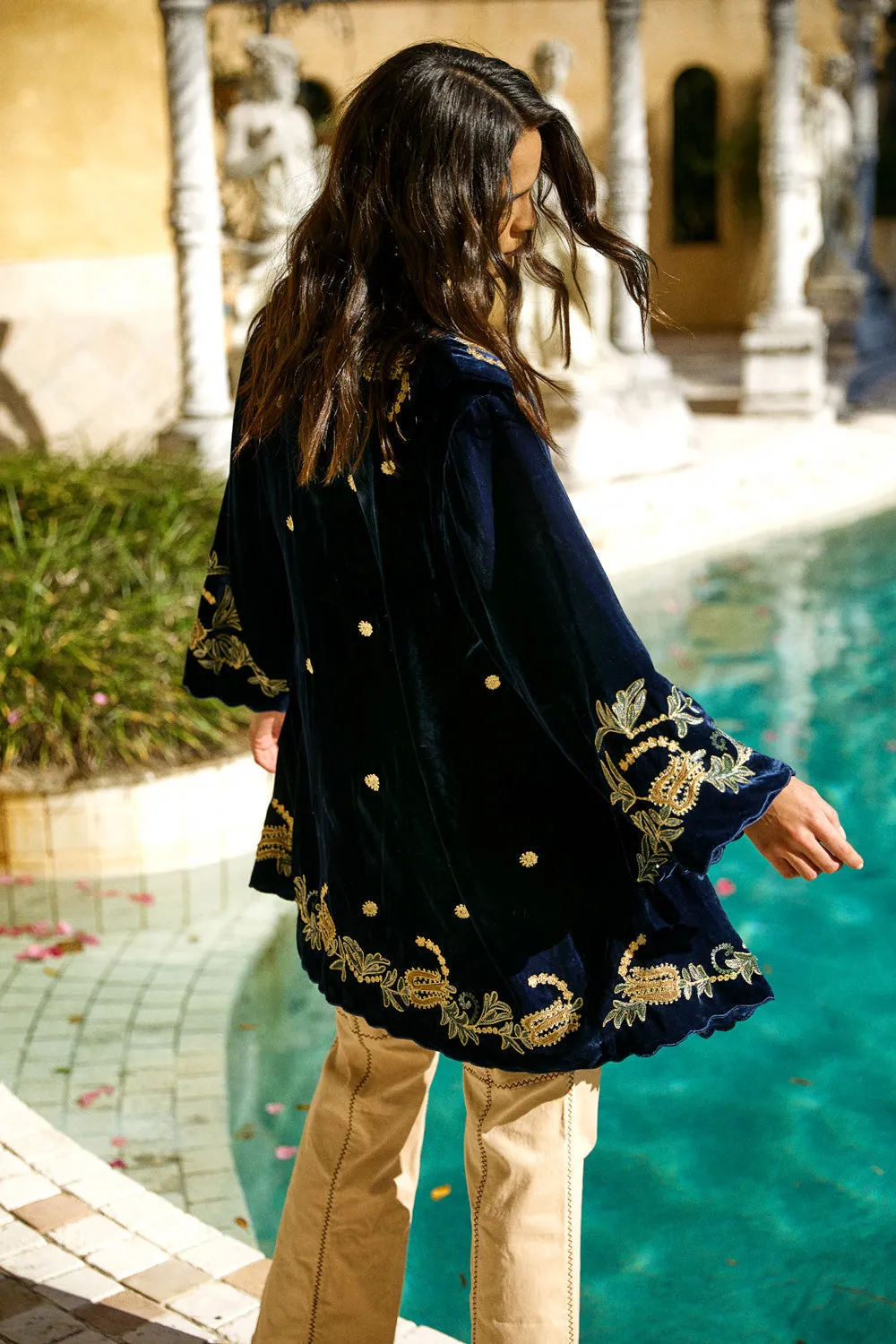Proud Mary Silk Velvet And Embroidered Short Housecoat - Midnight