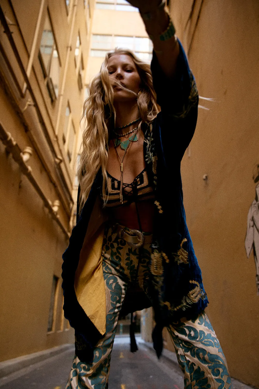 Proud Mary Silk Velvet And Embroidered Short Housecoat - Midnight
