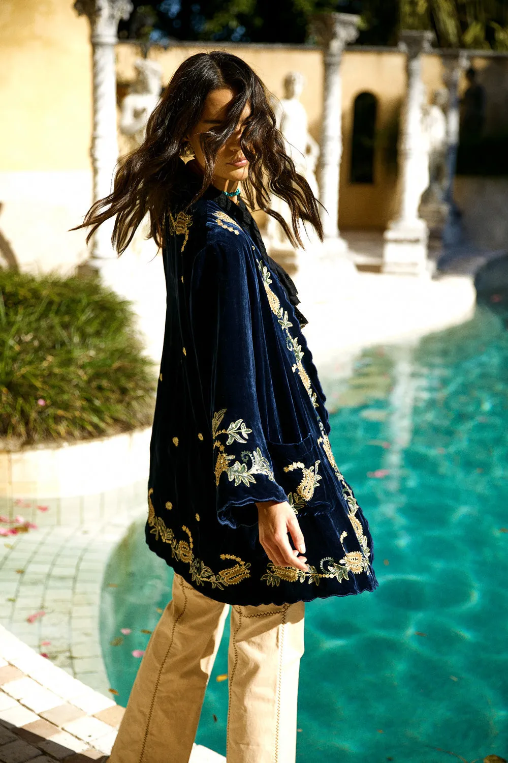 Proud Mary Silk Velvet And Embroidered Short Housecoat - Midnight