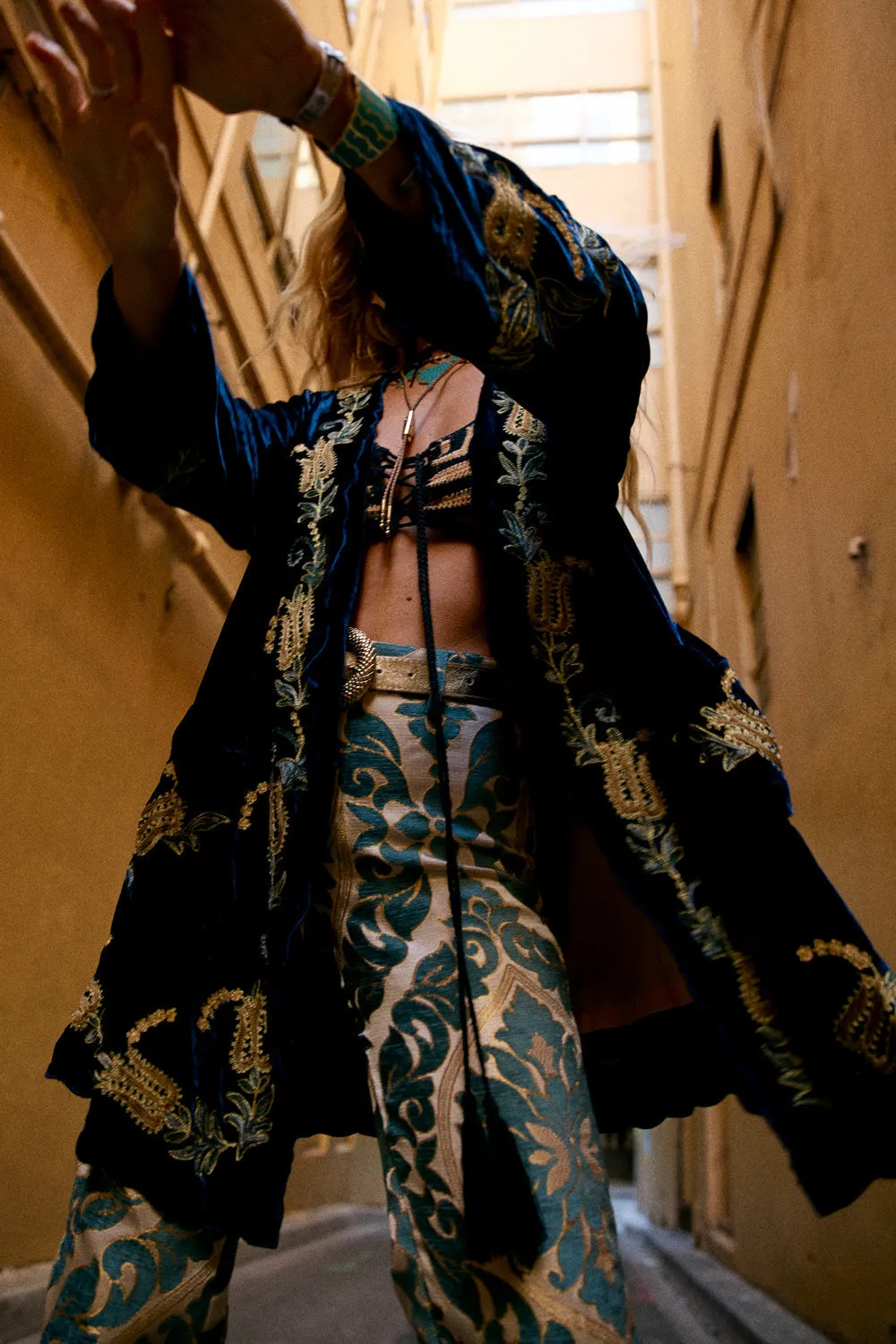 Proud Mary Silk Velvet And Embroidered Short Housecoat - Midnight