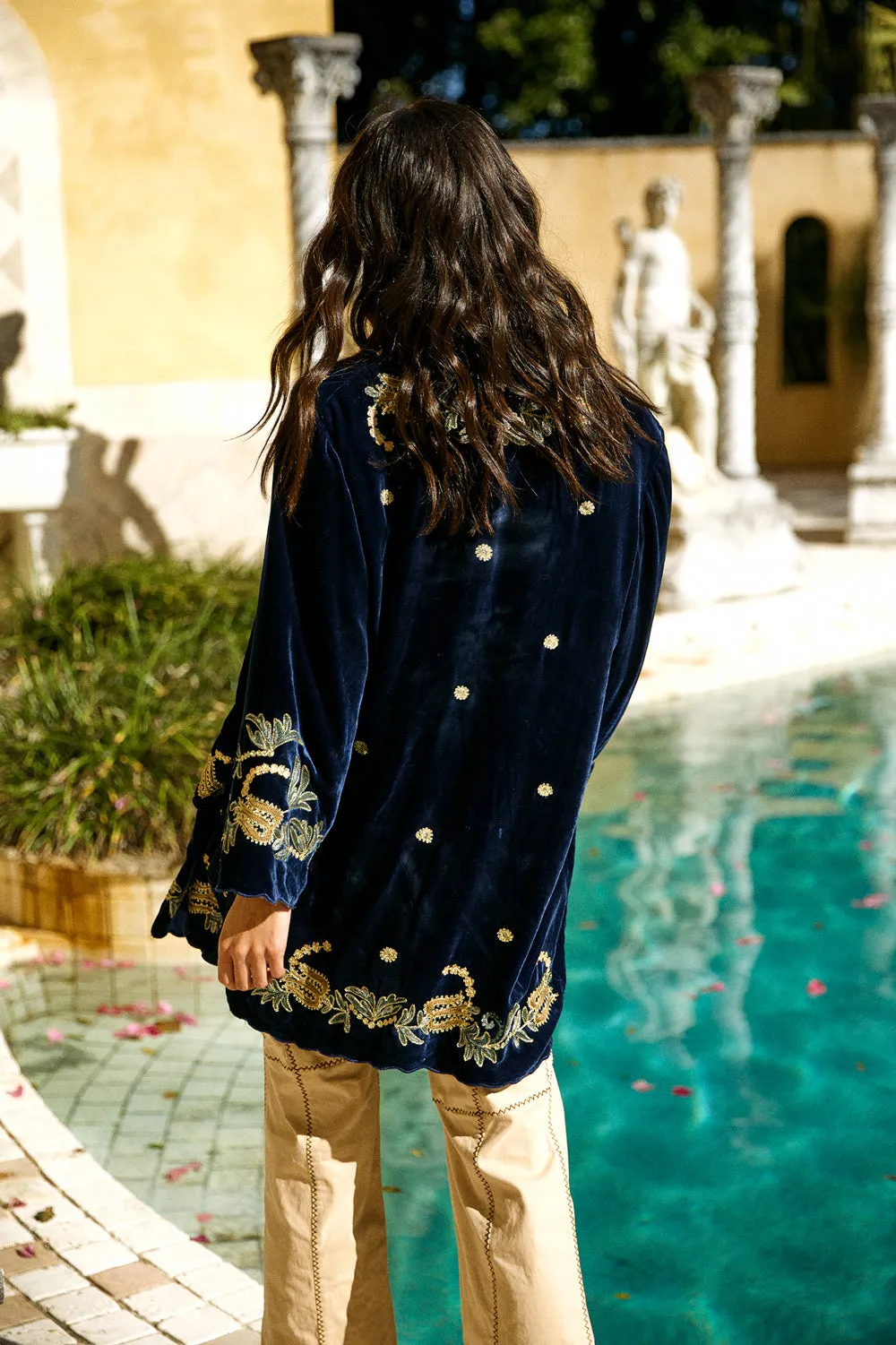 Proud Mary Silk Velvet And Embroidered Short Housecoat - Midnight