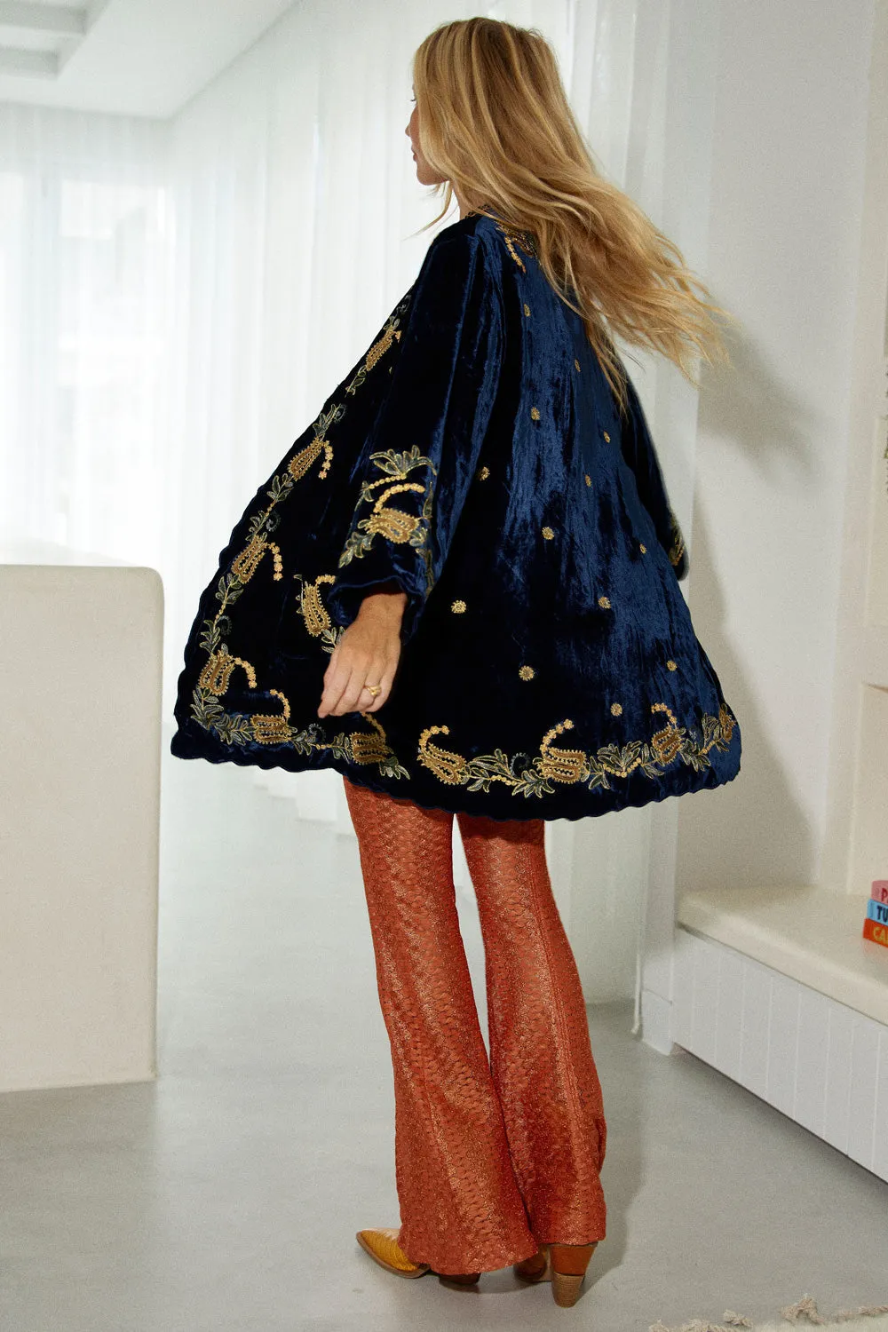 Proud Mary Silk Velvet And Embroidered Short Housecoat - Midnight