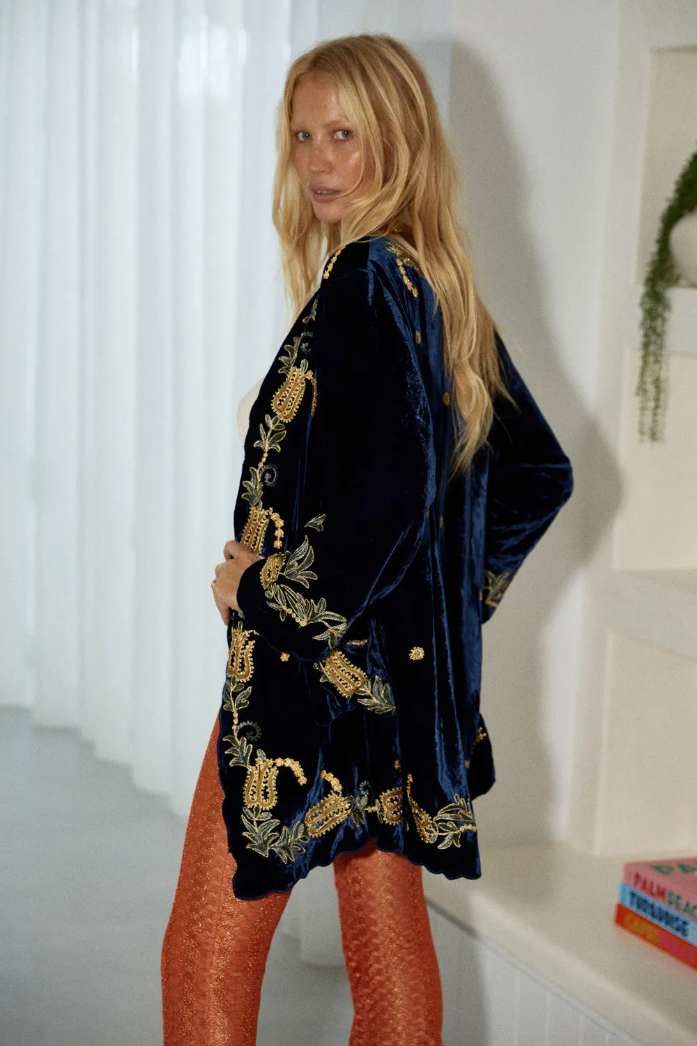 Proud Mary Silk Velvet And Embroidered Short Housecoat - Midnight