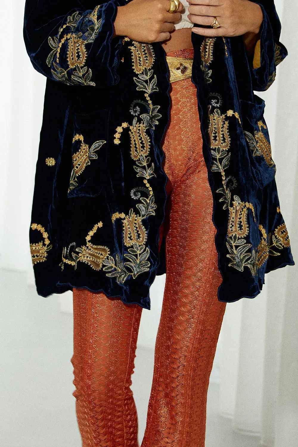 Proud Mary Silk Velvet And Embroidered Short Housecoat - Midnight