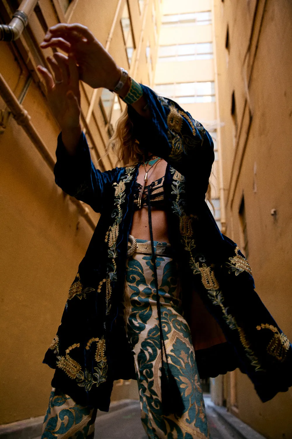 Proud Mary Silk Velvet And Embroidered Short Housecoat - Midnight