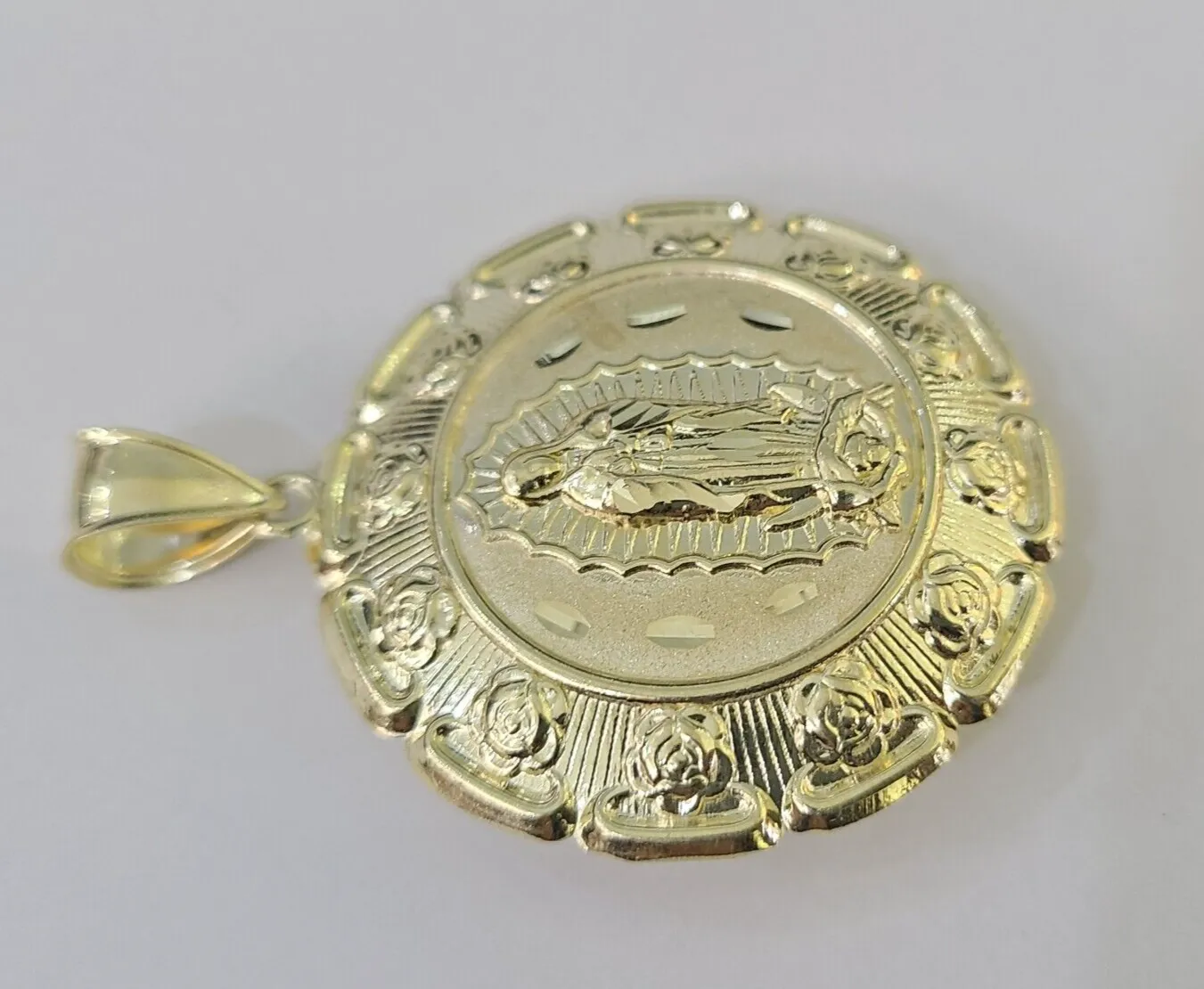 Real 10K Jesus Virgin Mary Pendent Charm Two Sided 10kt yellow Gold 2" Guadalupe