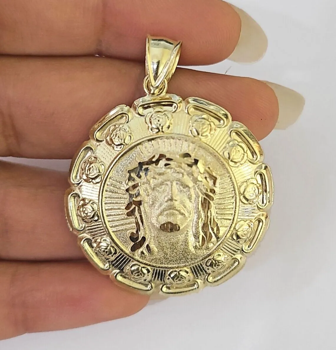 Real 10K Jesus Virgin Mary Pendent Charm Two Sided yellow Gold 1.5" Guadalupe