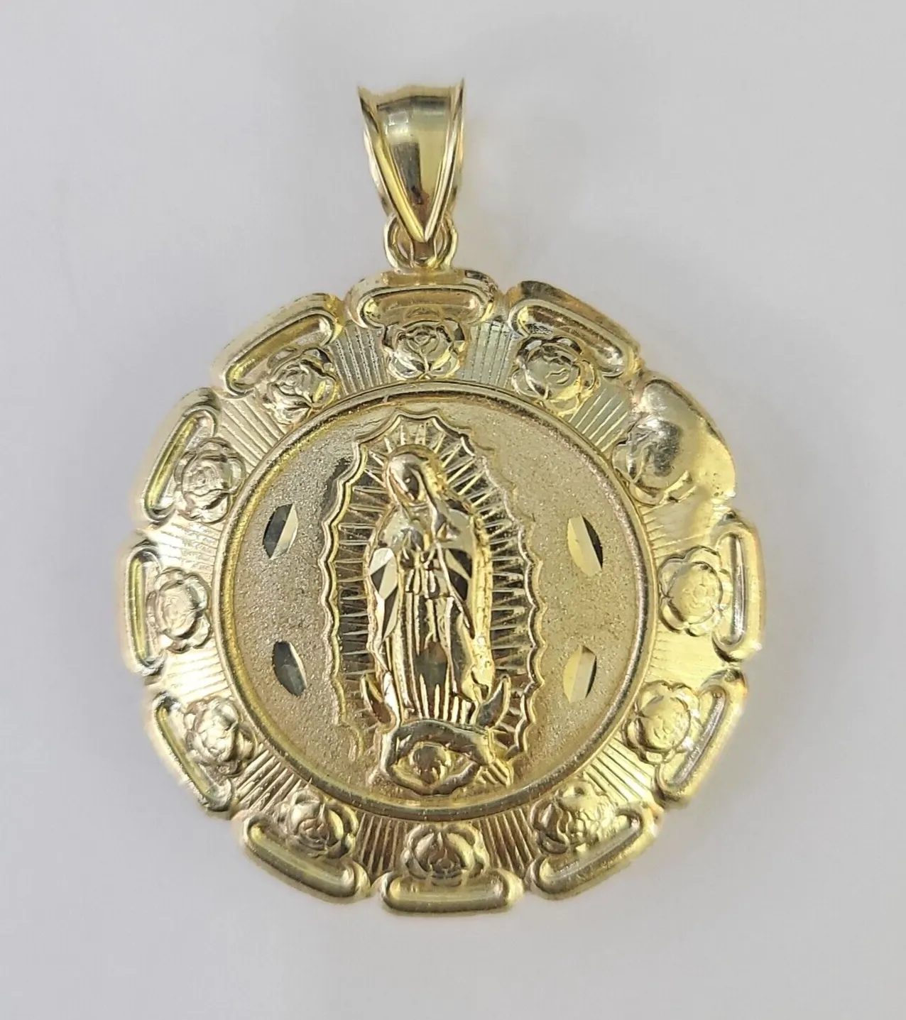 Real 10K Jesus Virgin Mary Pendent Charm Two Sided yellow Gold 1.5" Guadalupe