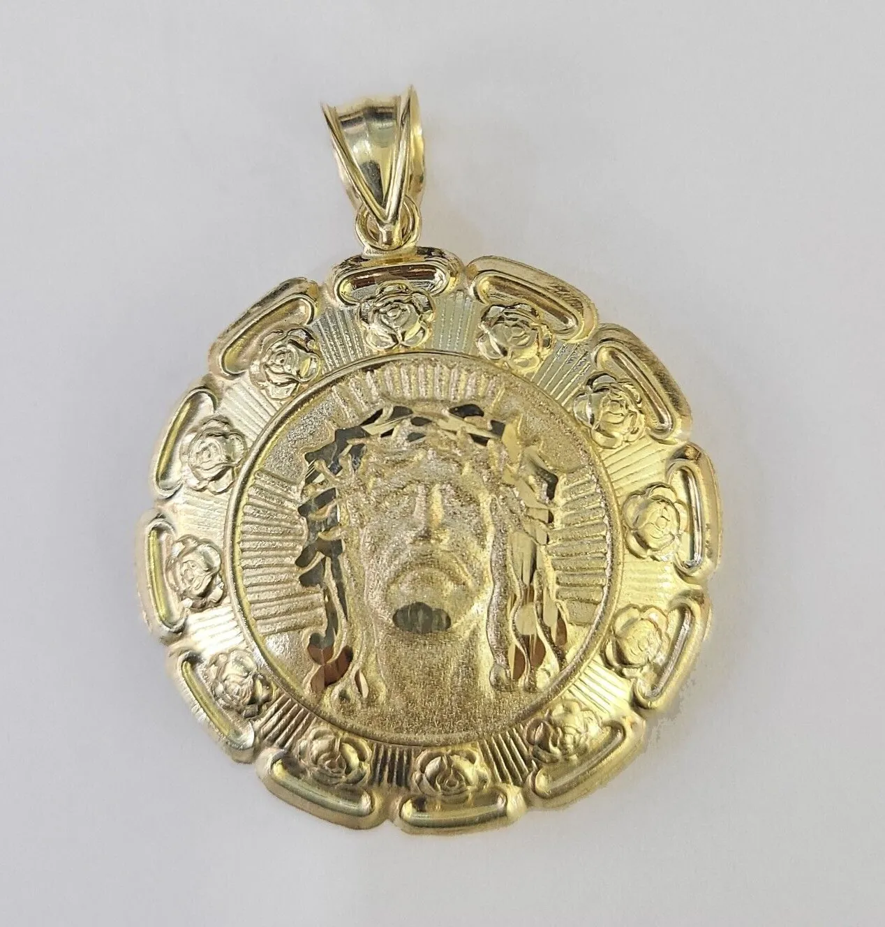Real 10K Jesus Virgin Mary Pendent Charm Two Sided yellow Gold 1.5" Guadalupe