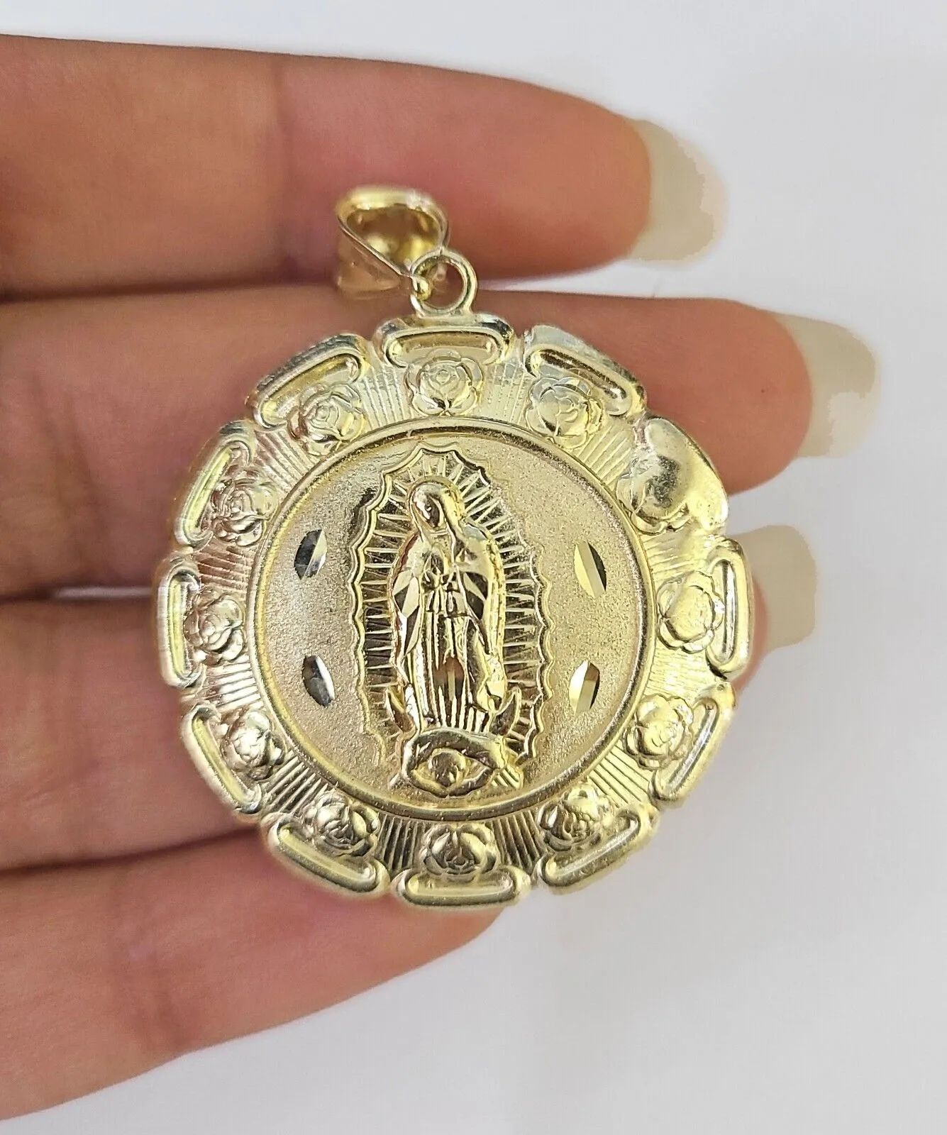 Real 10K Jesus Virgin Mary Pendent Charm Two Sided yellow Gold 1.5" Guadalupe