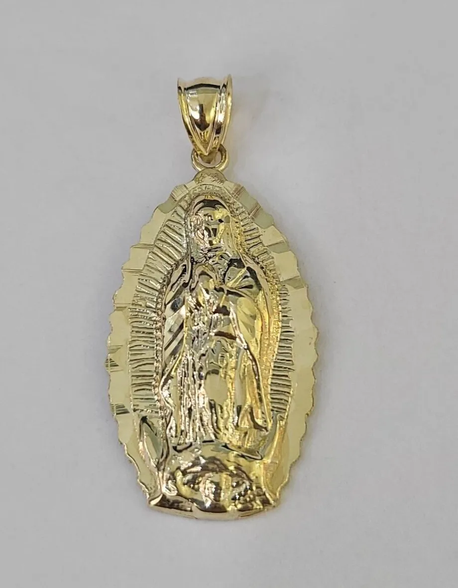 Real 10K Virgin Mary Pendent Charm 10kt Yellow Gold 1.5" Oval Holy Mother