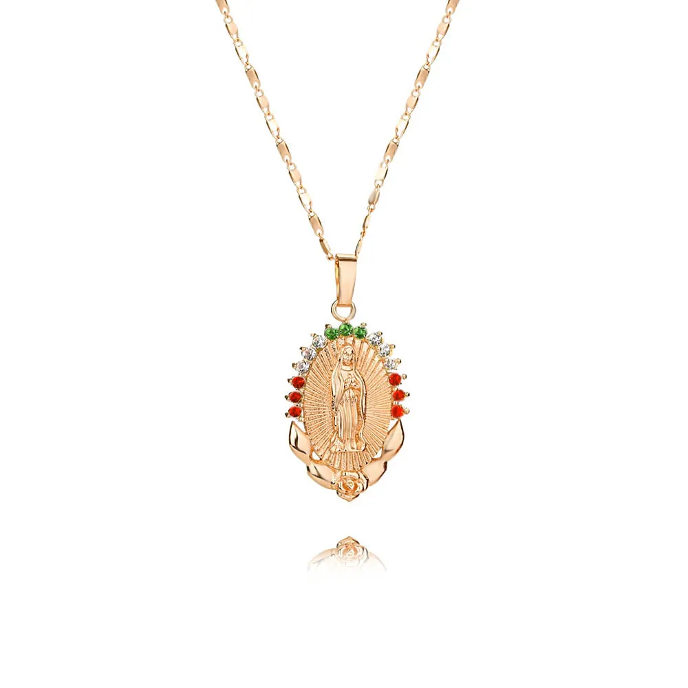 Rhinestone Virgin Mary Virgencita Necklace