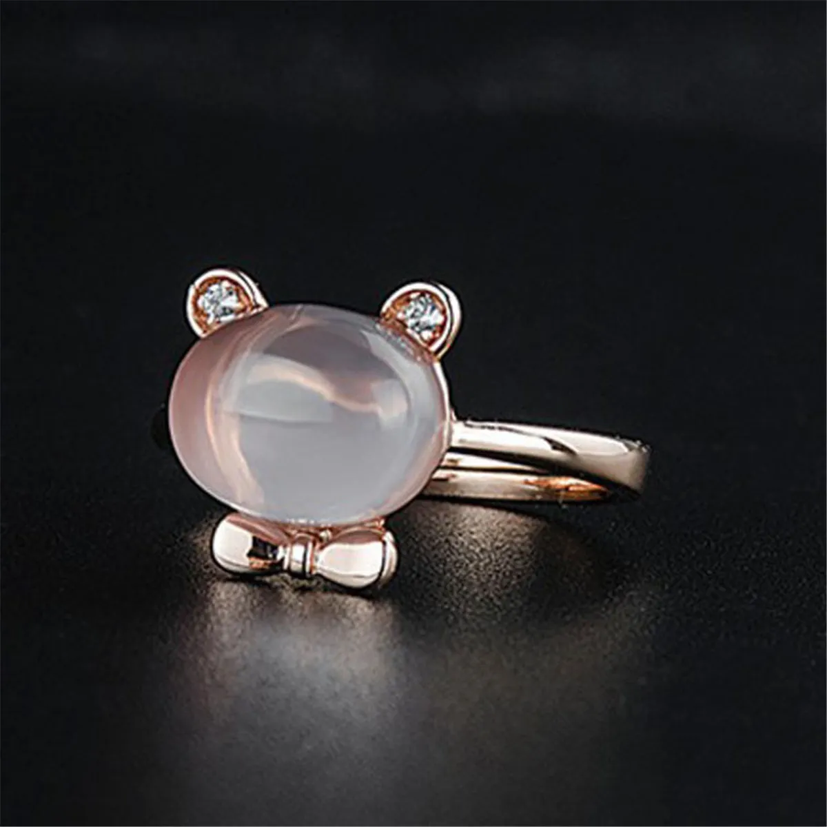 Rose Quartz & Cubic Zirconia Bear Adjustable Ring