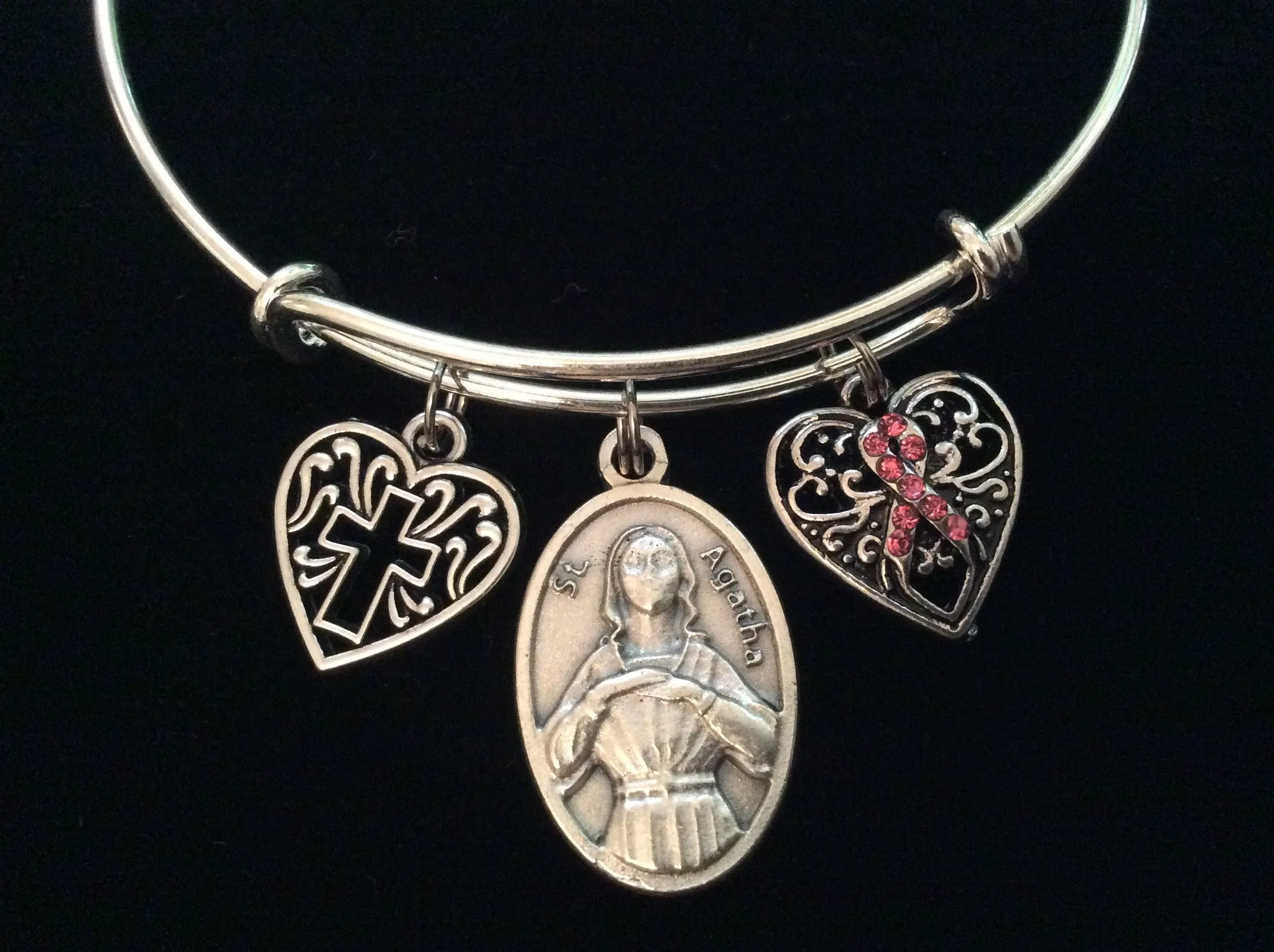Saint Agatha Patron of Breast Cancer Silver Expandable Charm Bracelet Cross Awareness Pink Ribbon Adjustable Bangle Gift Meaningful