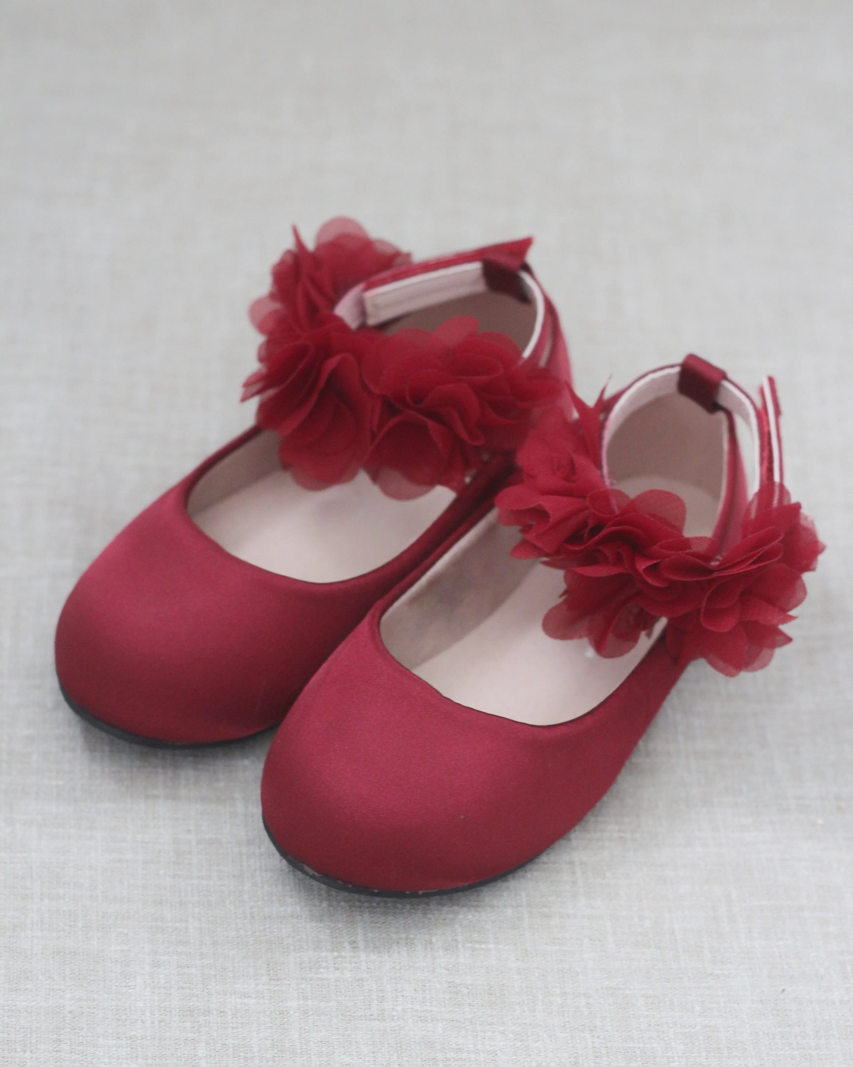 Satin Flats with Chiffon Flowers Ankle Strap