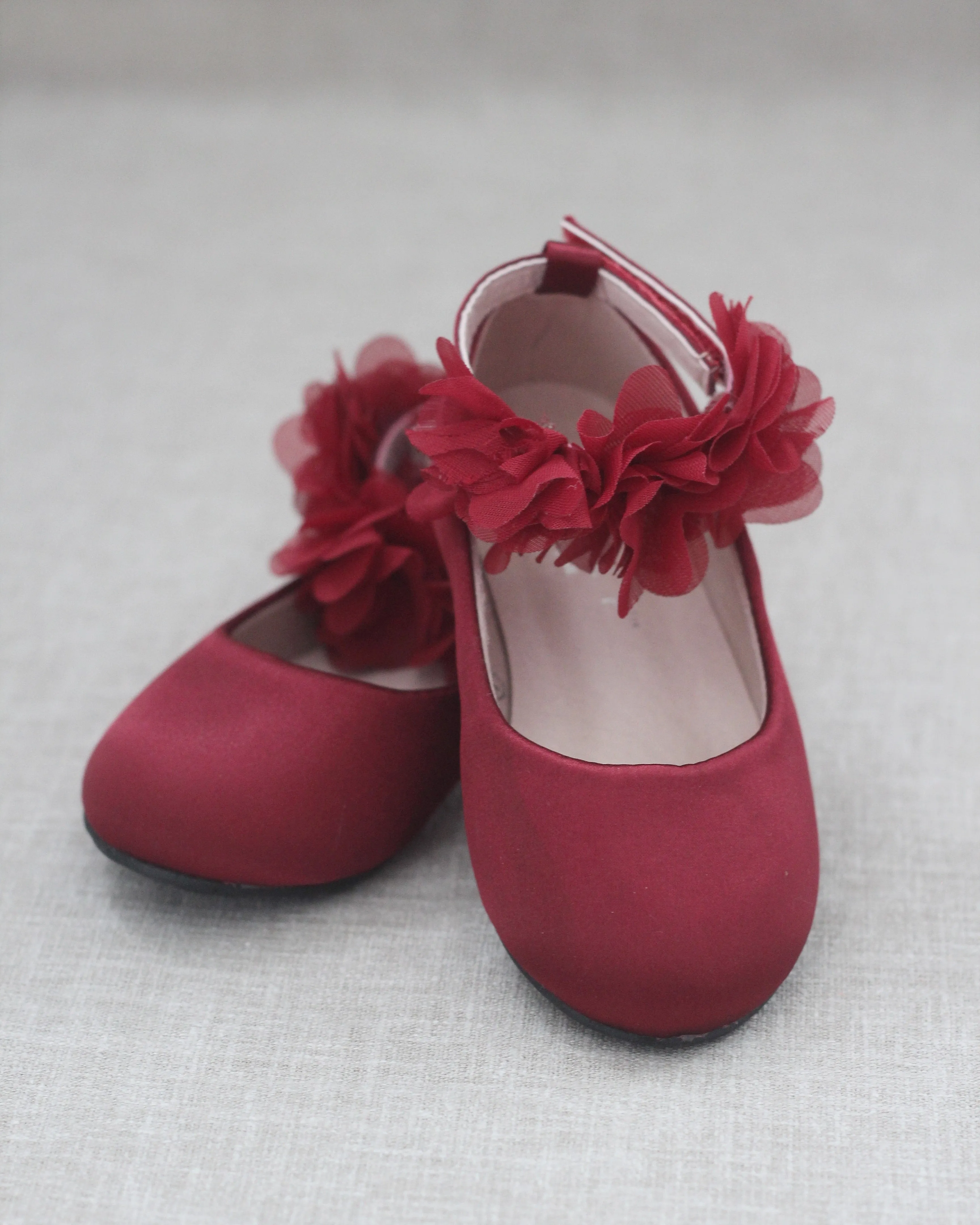 Satin Flats with Chiffon Flowers Ankle Strap