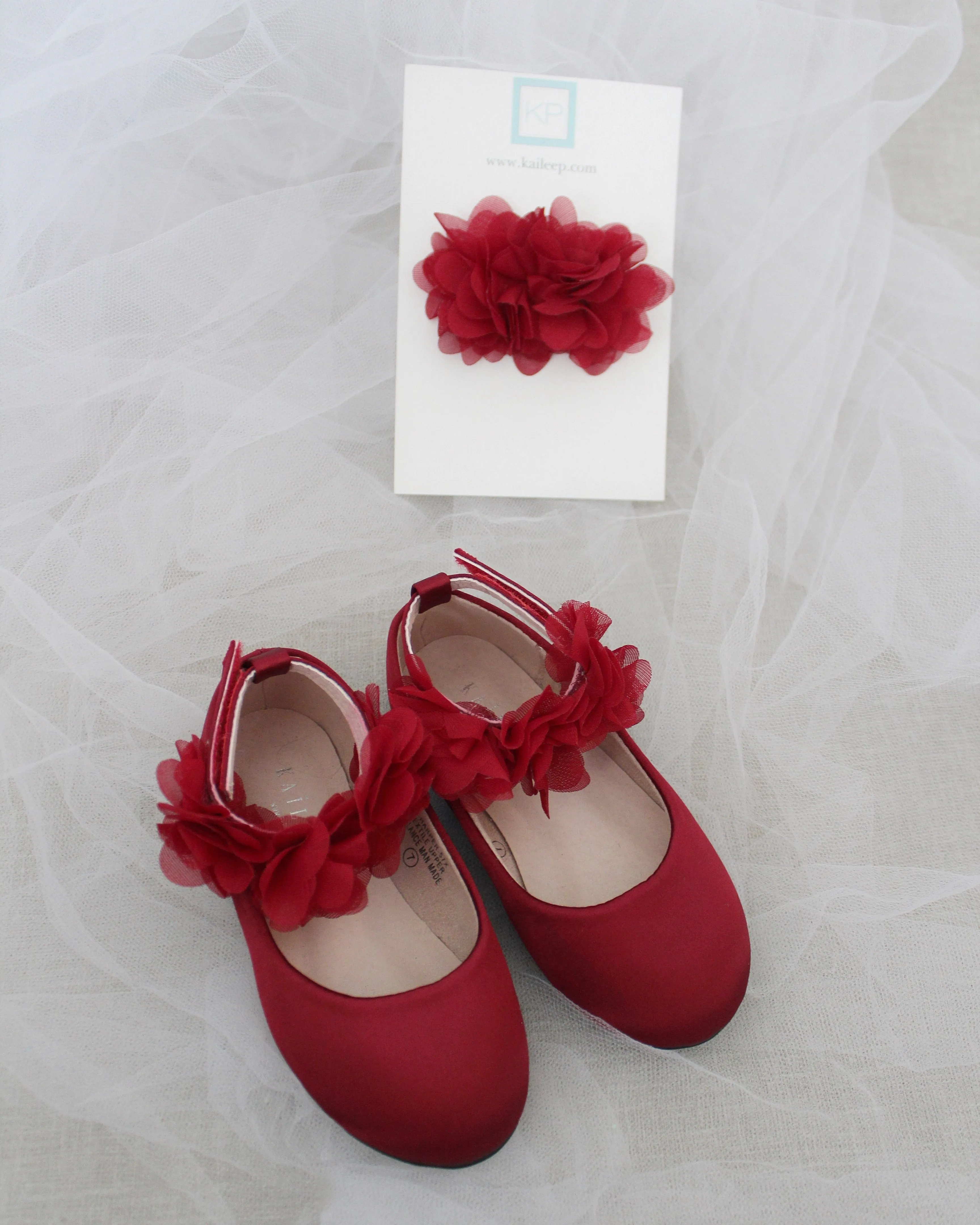 Satin Flats with Chiffon Flowers Ankle Strap