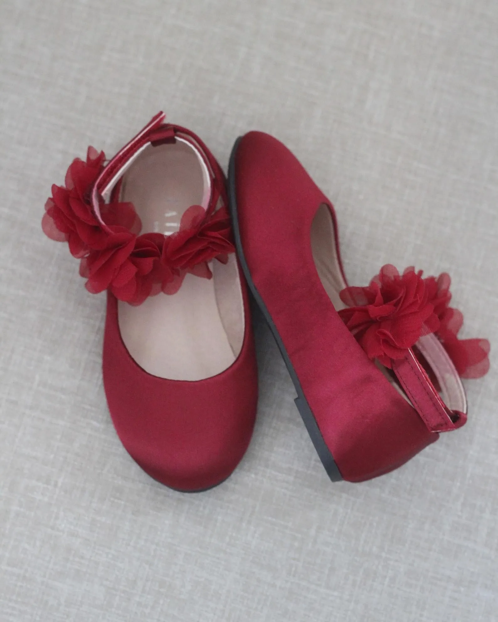 Satin Flats with Chiffon Flowers Ankle Strap