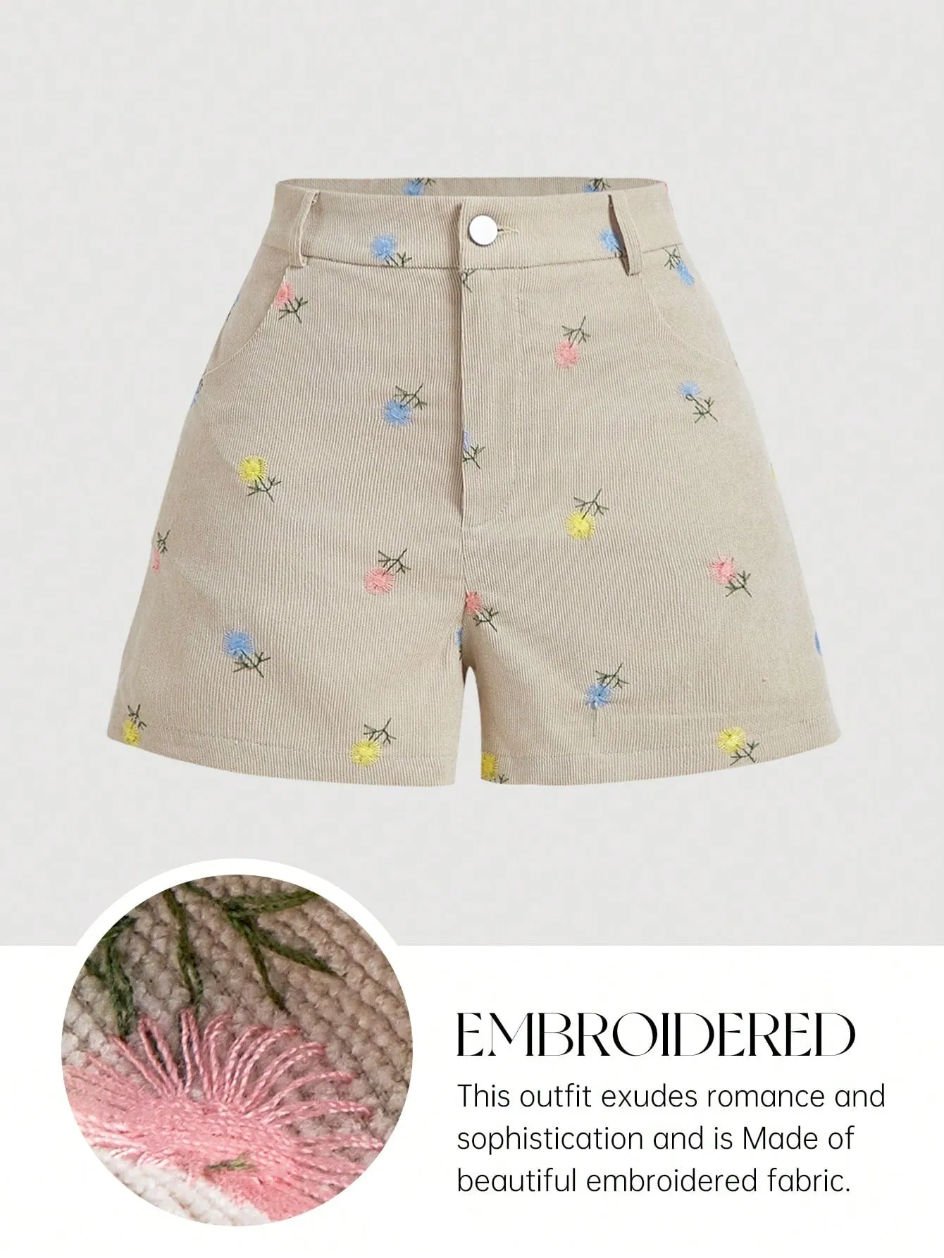 Shorts de verano casuales para mujer con bordado floral