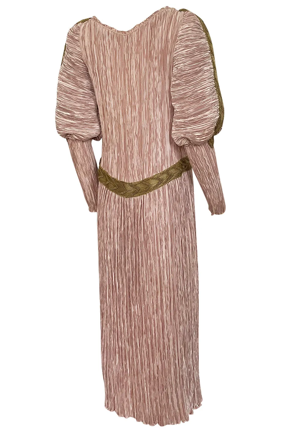 Spring 1984 Mary McFadden Dusky Pink & Gold Pleated Juliet Sleeve Dress
