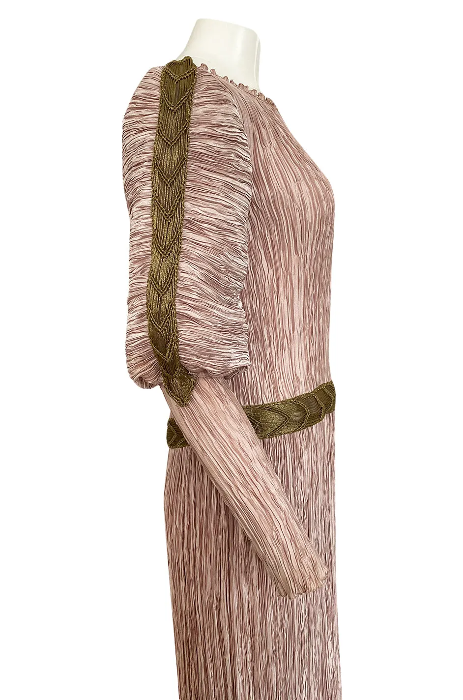 Spring 1984 Mary McFadden Dusky Pink & Gold Pleated Juliet Sleeve Dress