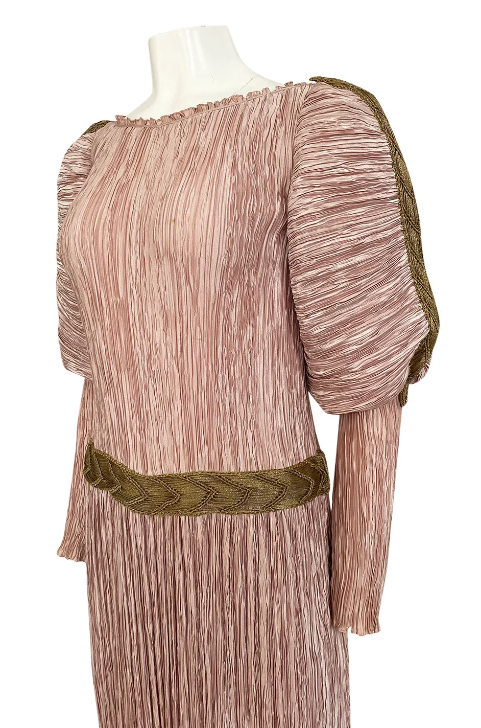 Spring 1984 Mary McFadden Dusky Pink & Gold Pleated Juliet Sleeve Dress