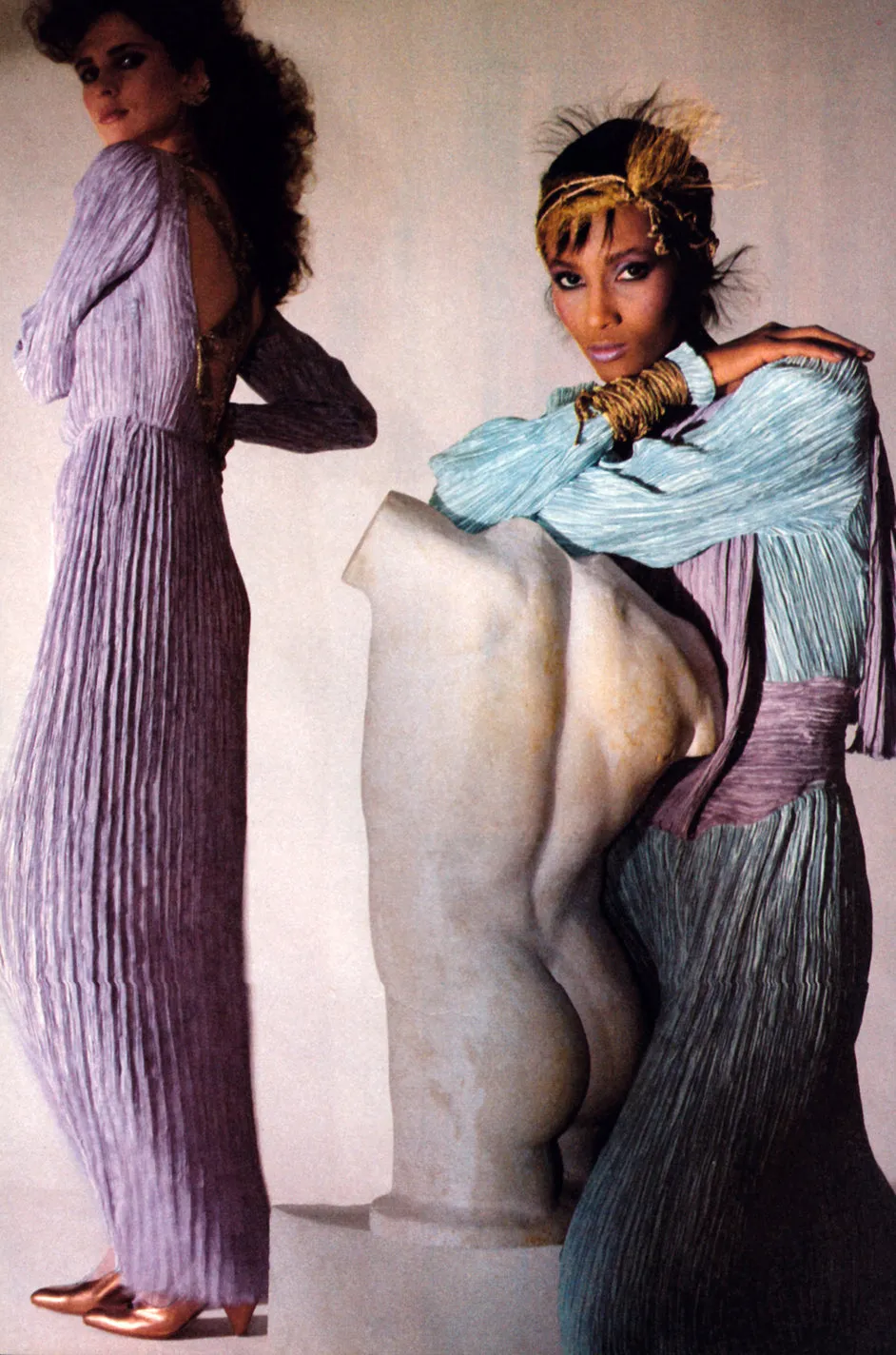 Spring 1984 Mary McFadden Dusky Pink & Gold Pleated Juliet Sleeve Dress
