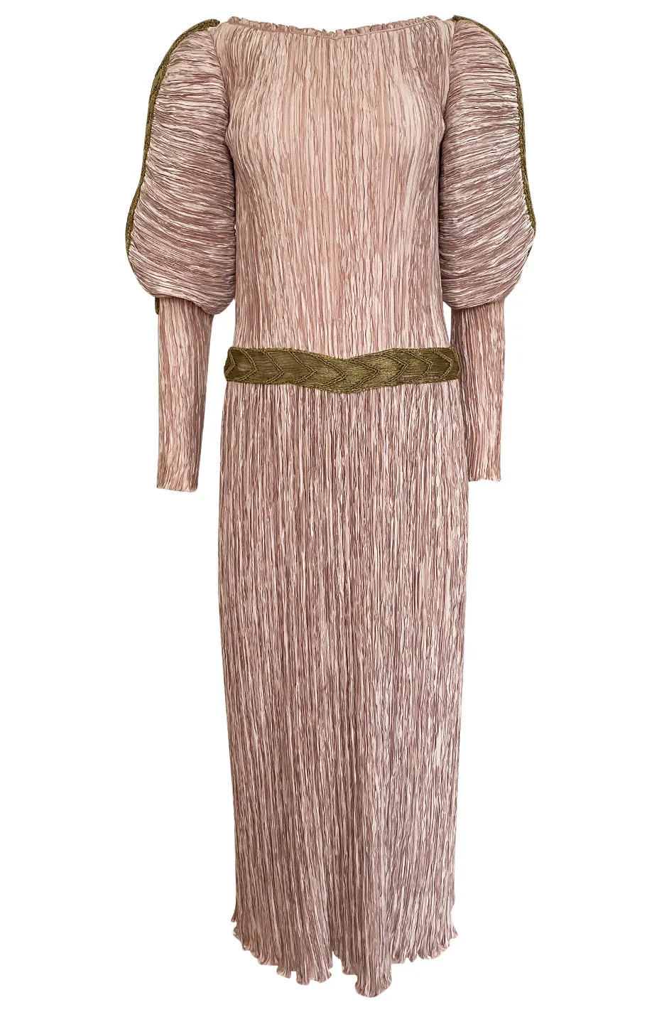 Spring 1984 Mary McFadden Dusky Pink & Gold Pleated Juliet Sleeve Dress