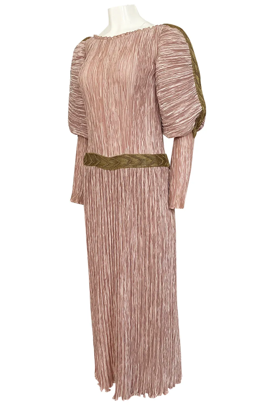 Spring 1984 Mary McFadden Dusky Pink & Gold Pleated Juliet Sleeve Dress
