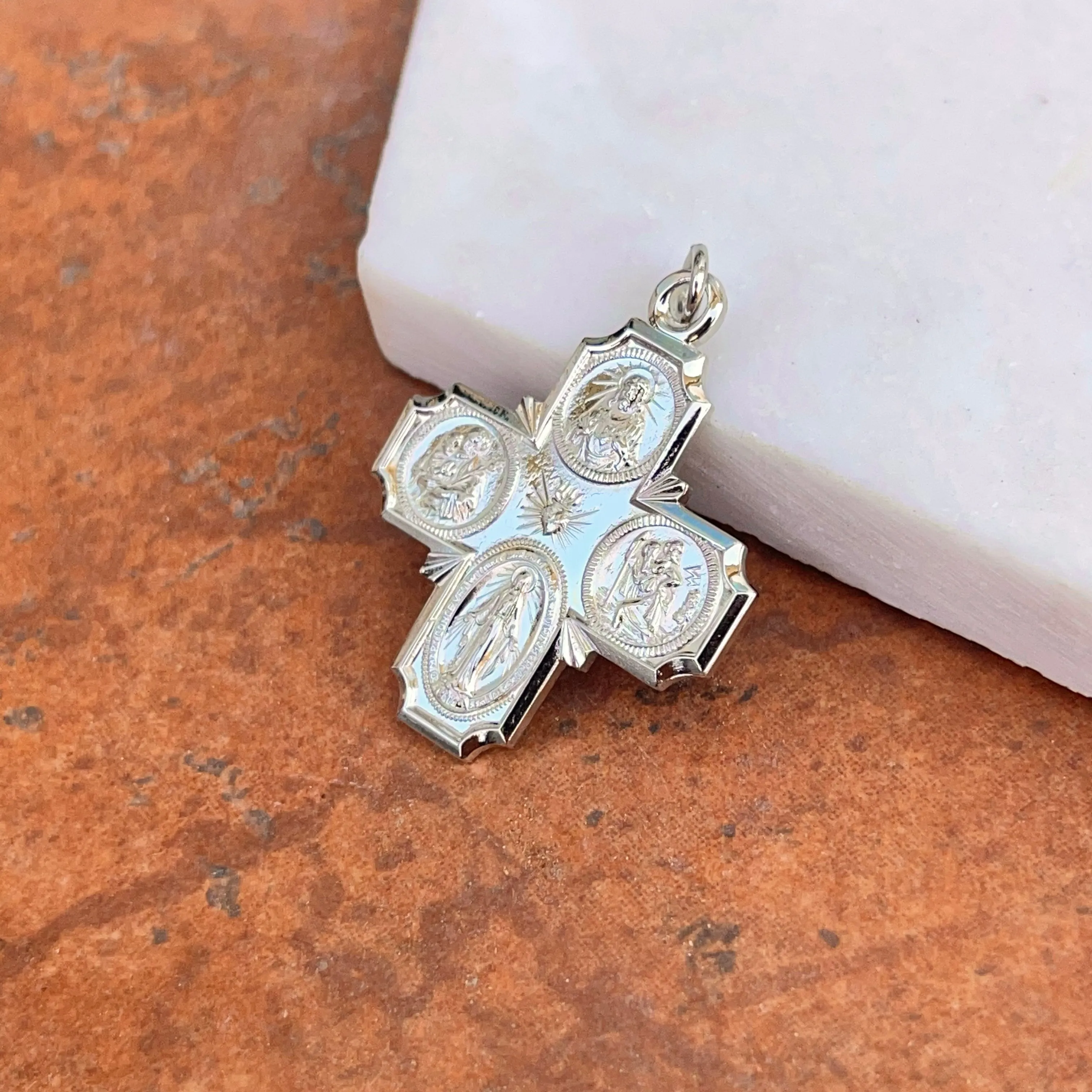 Sterling Silver Polished Four Way Catholic Cross Medal Pendant 30mm