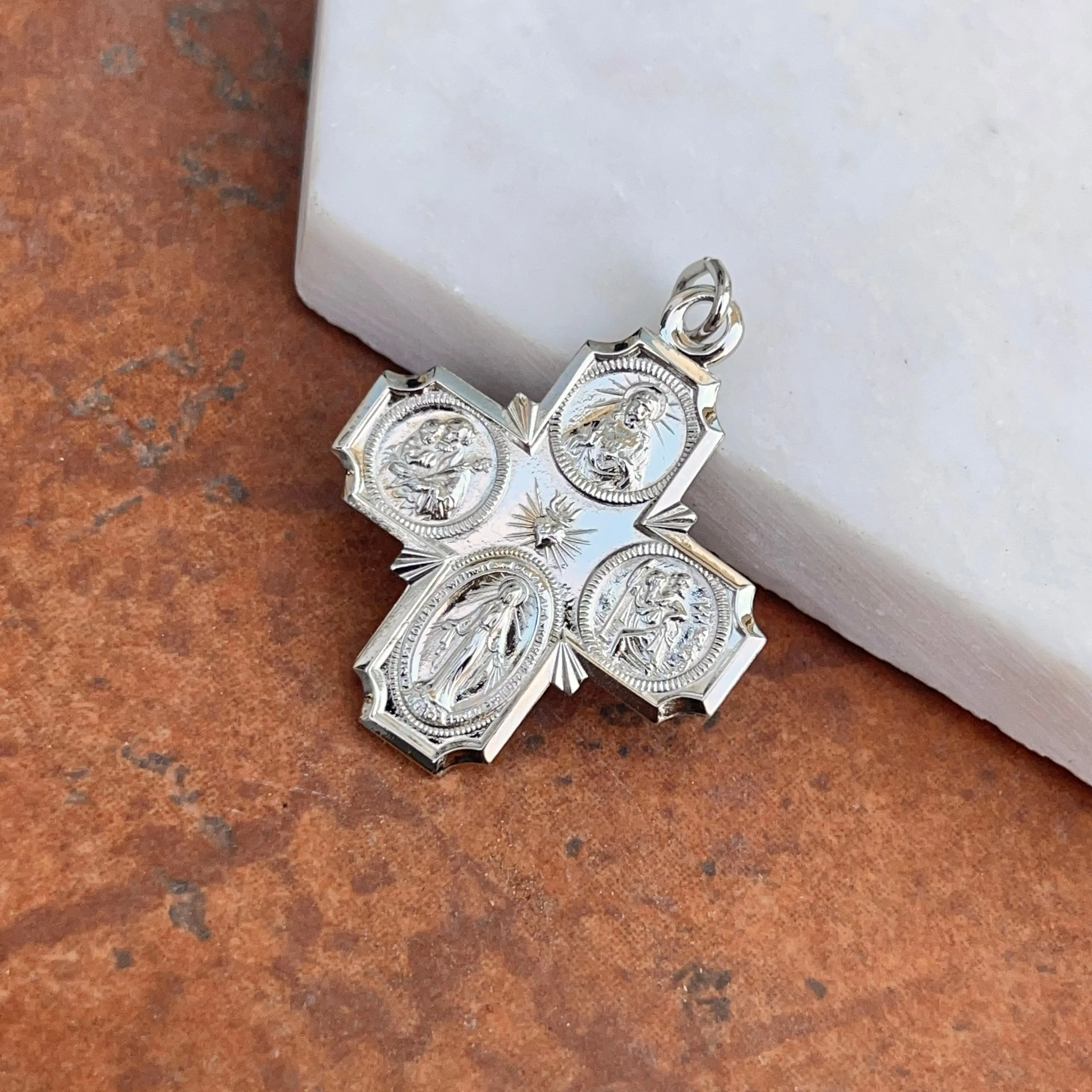 Sterling Silver Polished Four Way Catholic Cross Medal Pendant 30mm