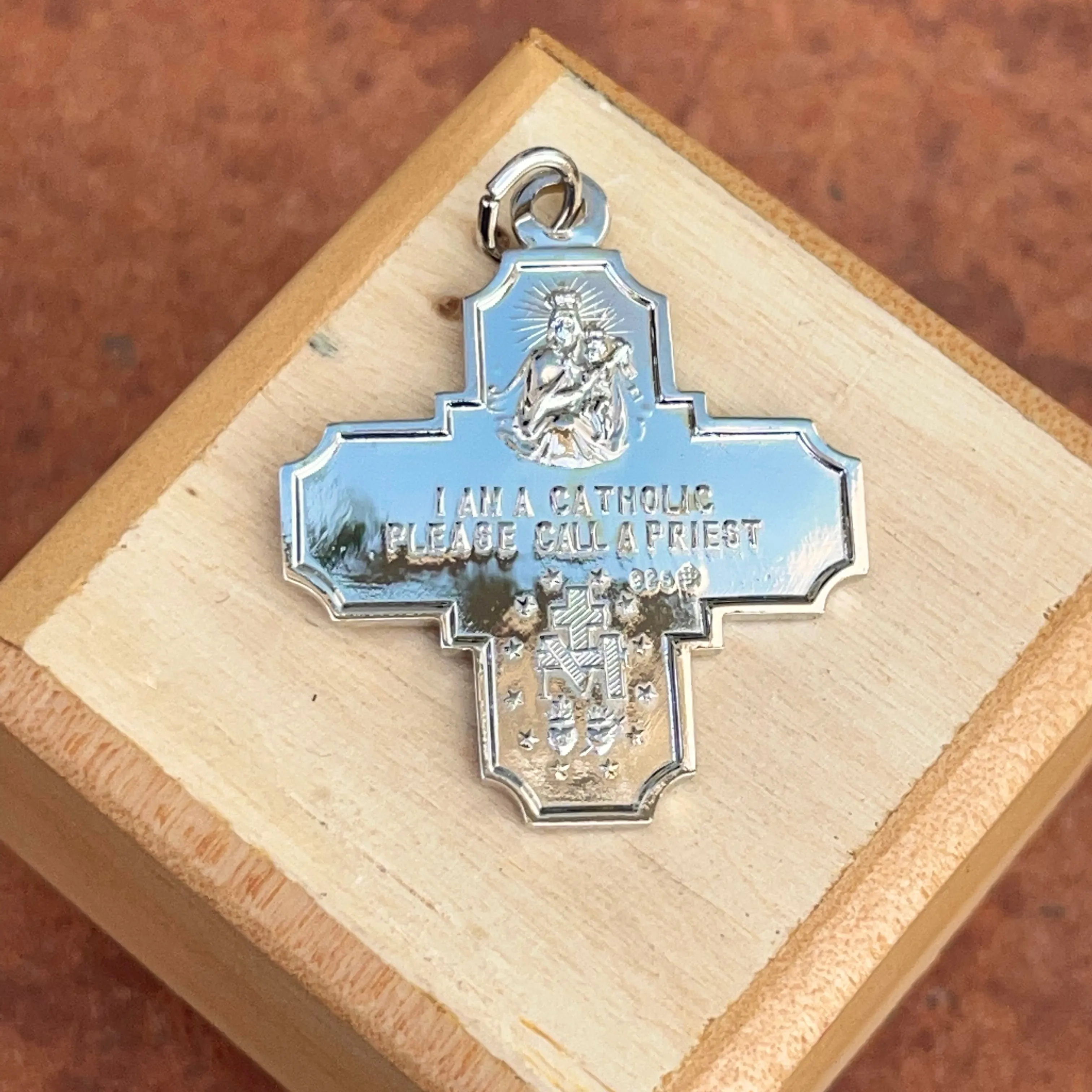 Sterling Silver Polished Four Way Catholic Cross Medal Pendant 30mm