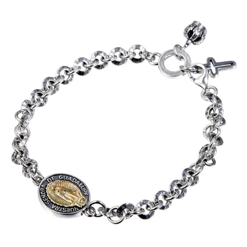 Sterling Silver Virgin Mary Cross Chain Bracelet