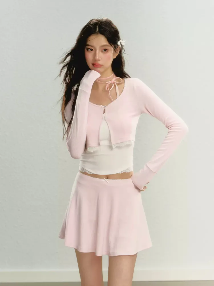 Sugar Lace Knit Top Skirt Cardigan 3-piece Set