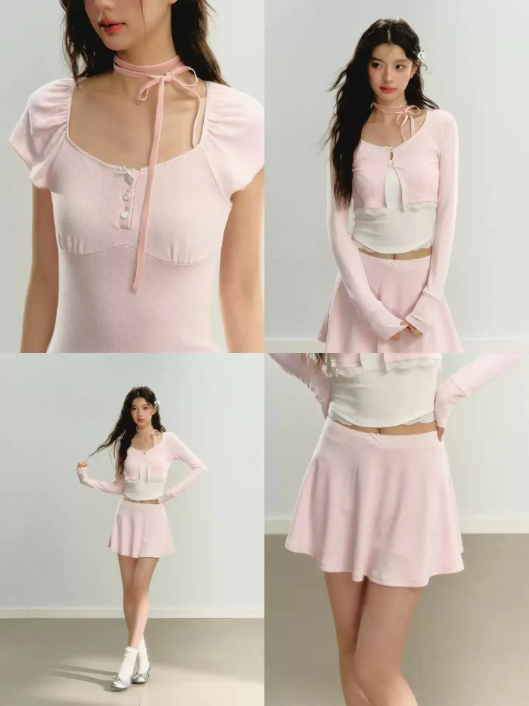 Sugar Lace Knit Top Skirt Cardigan 3-piece Set