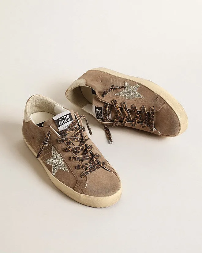 super-star suede upper glitter star vintage leather heel - taupe/platinum/white ecru