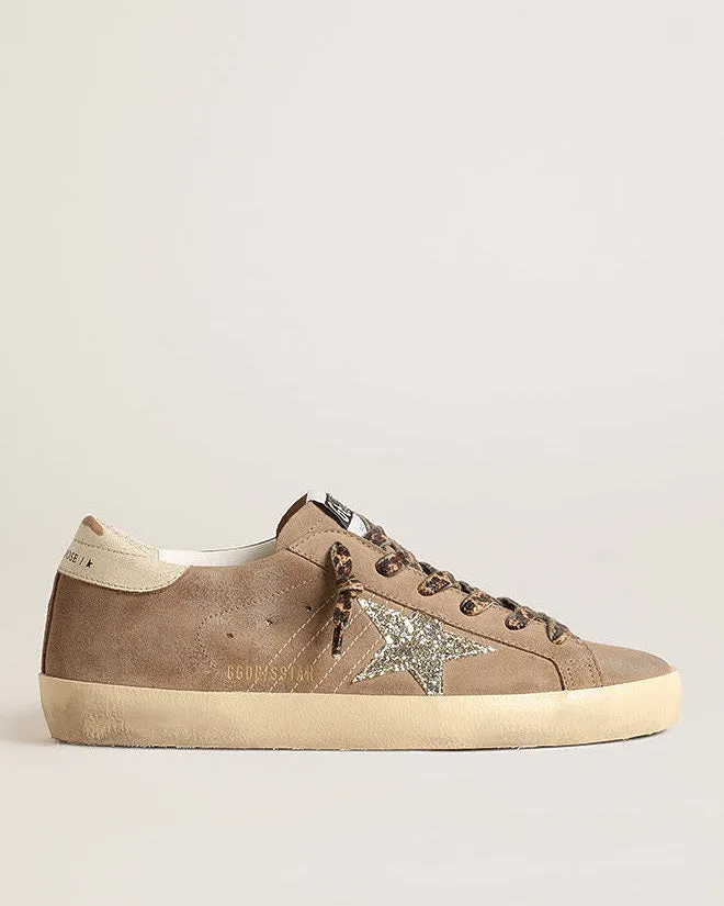 super-star suede upper glitter star vintage leather heel - taupe/platinum/white ecru