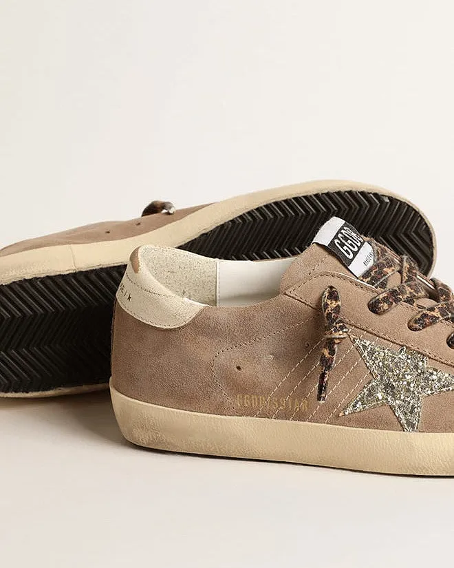 super-star suede upper glitter star vintage leather heel - taupe/platinum/white ecru