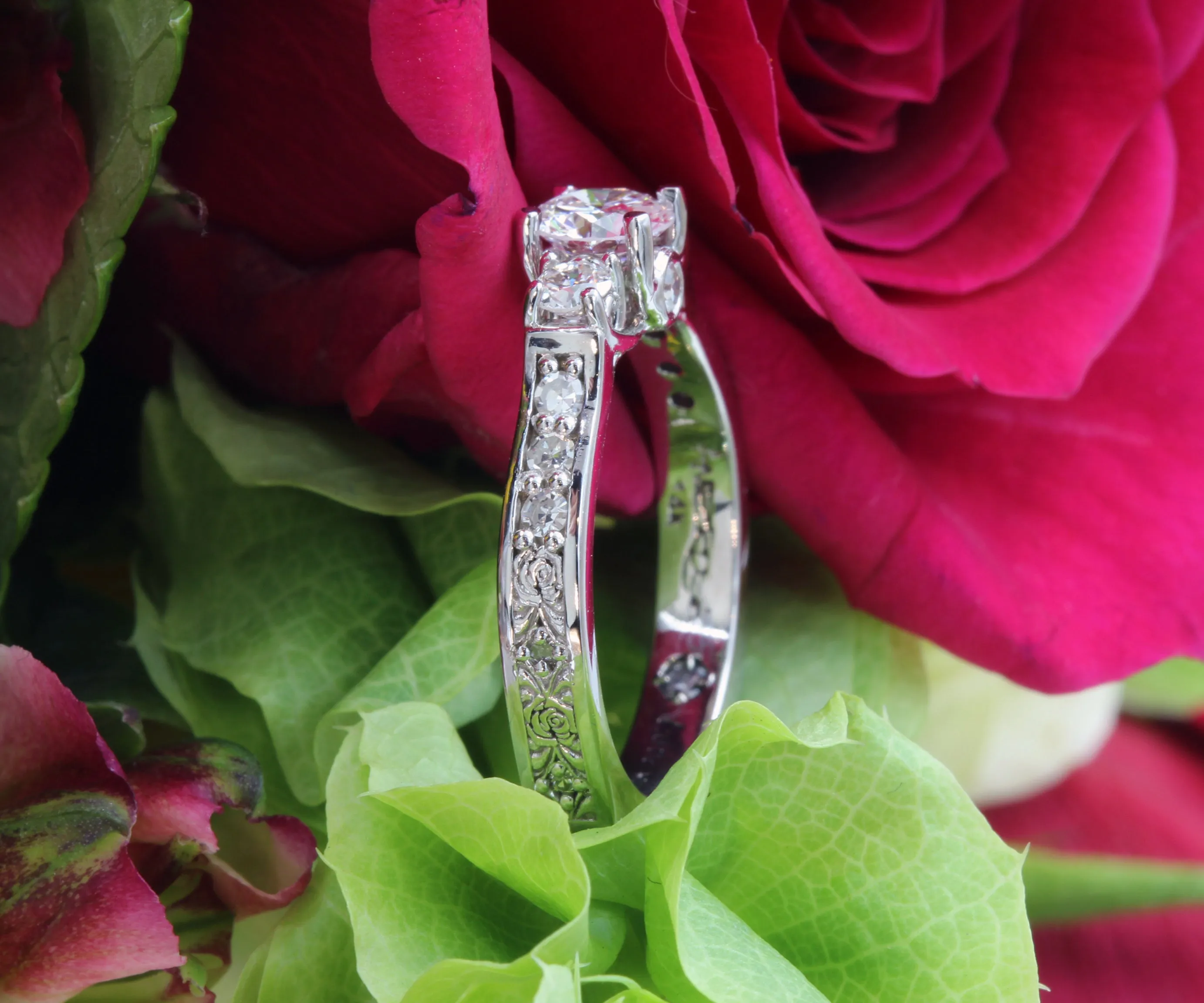 Three Stone Rose Engraved Diamond Ring