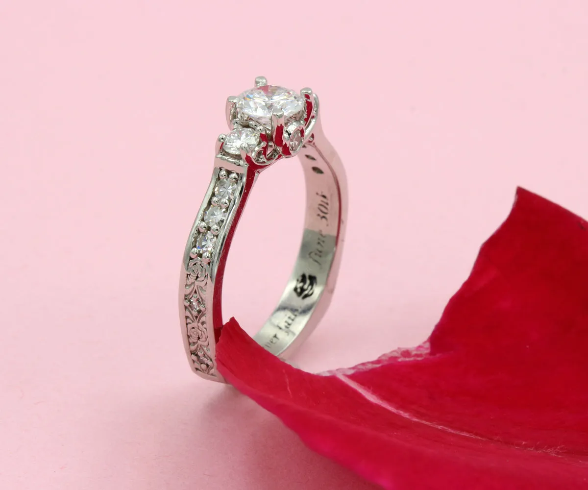 Three Stone Rose Engraved Diamond Ring