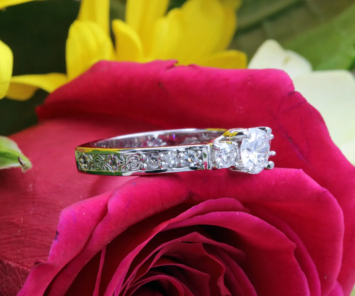 Three Stone Rose Engraved Diamond Ring