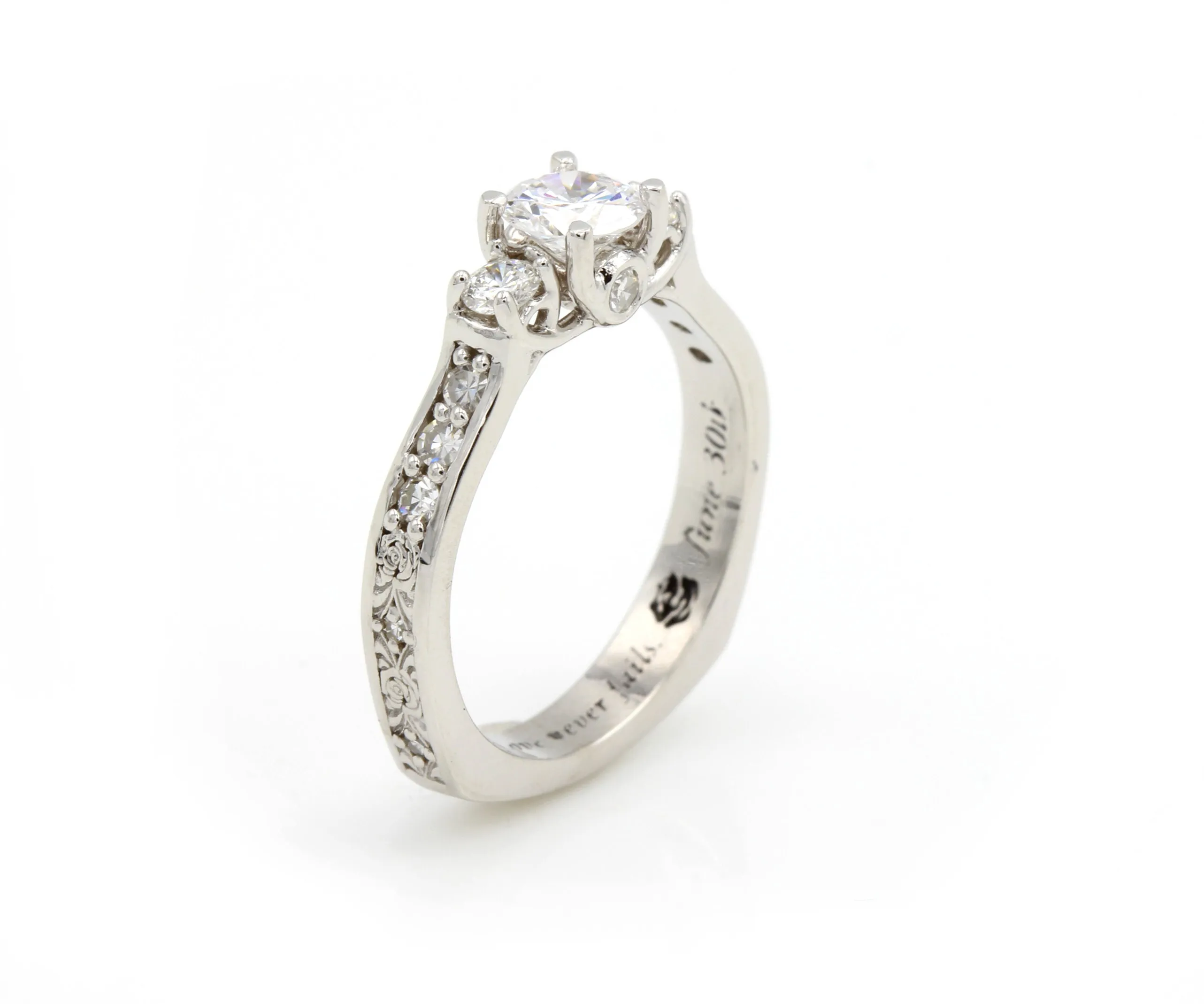 Three Stone Rose Engraved Diamond Ring