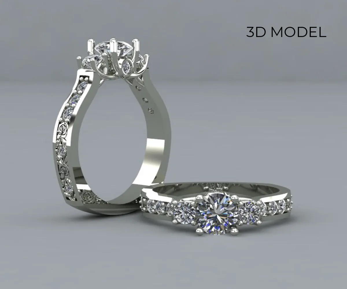 Three Stone Rose Engraved Diamond Ring