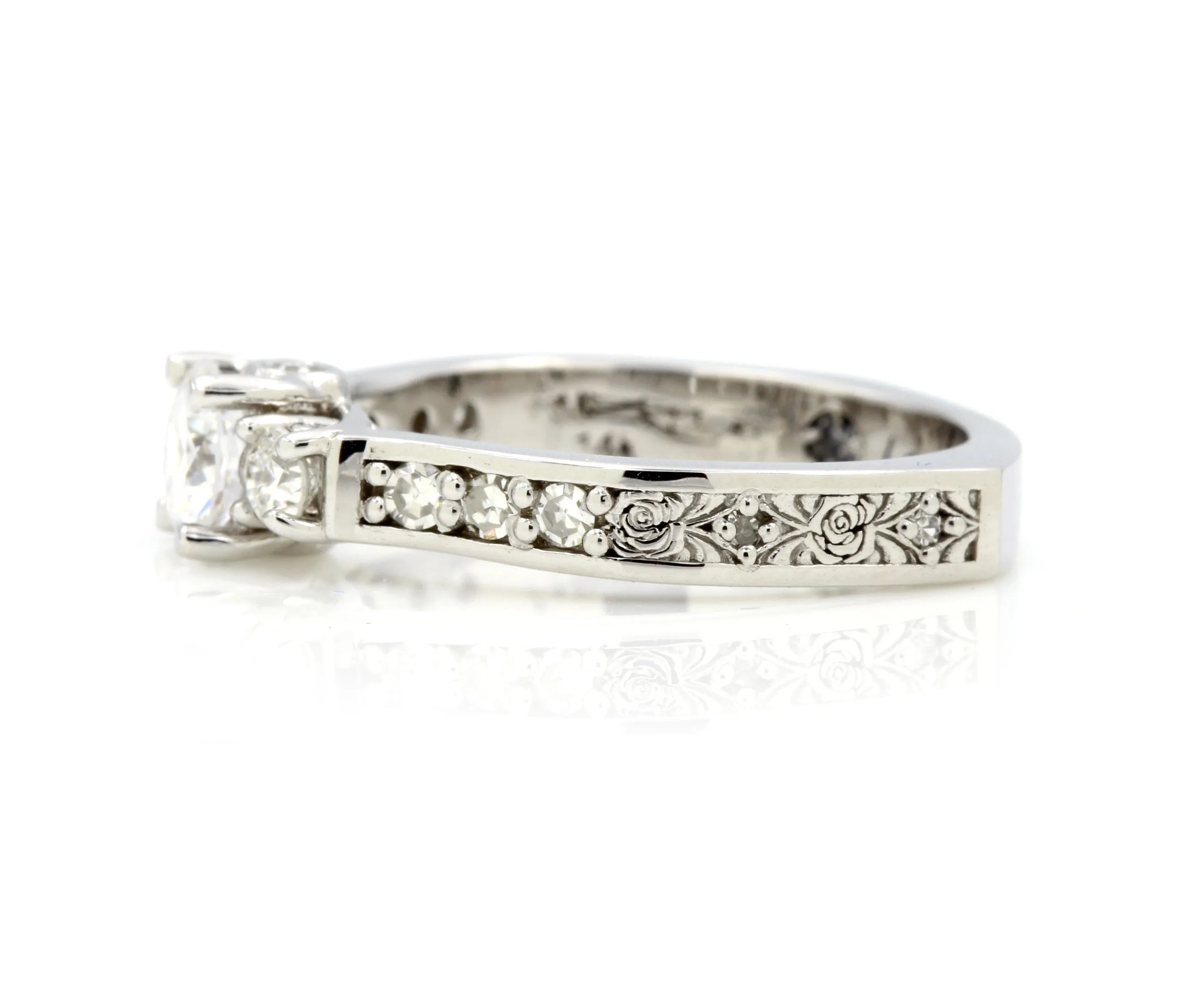 Three Stone Rose Engraved Diamond Ring