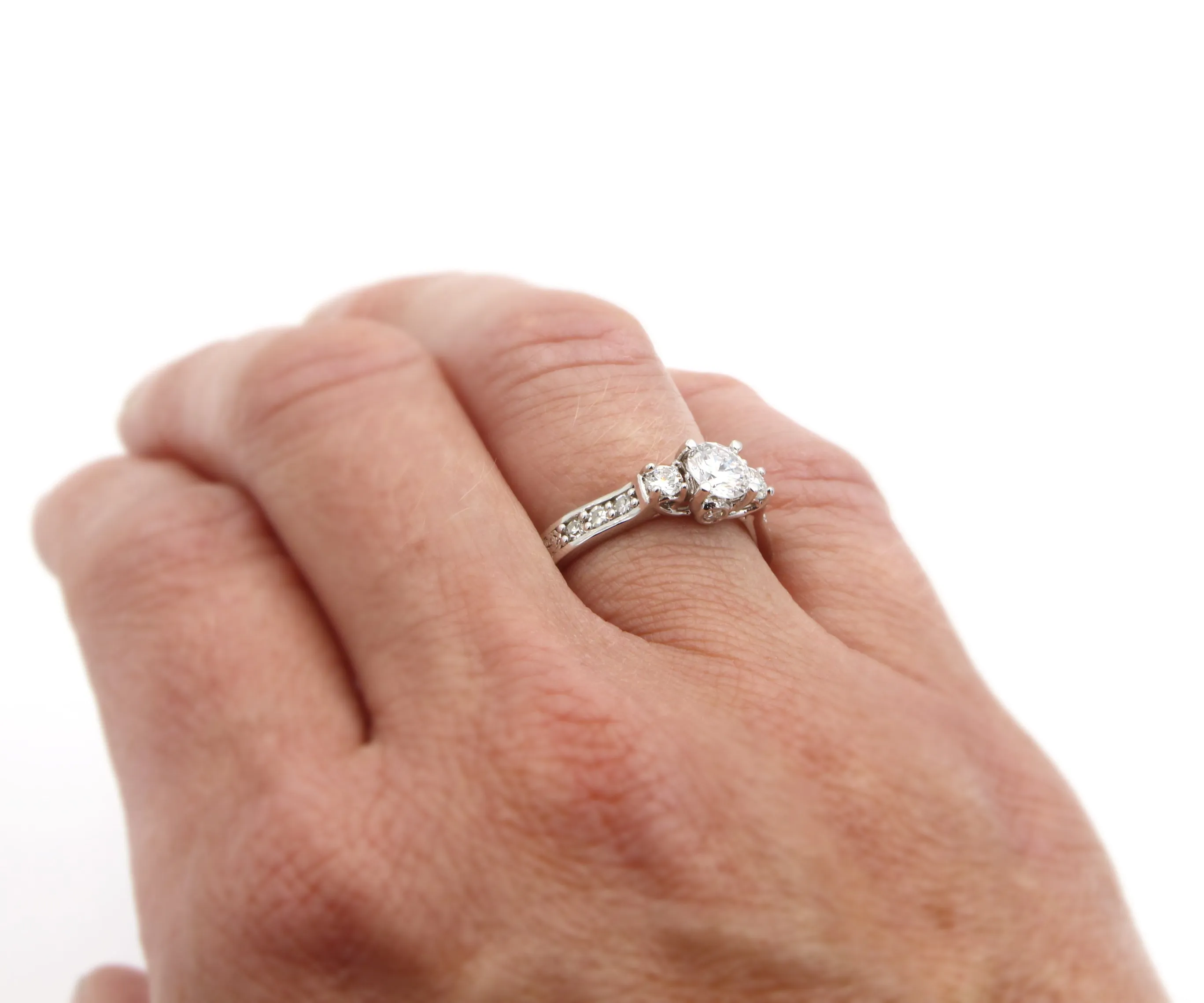 Three Stone Rose Engraved Diamond Ring