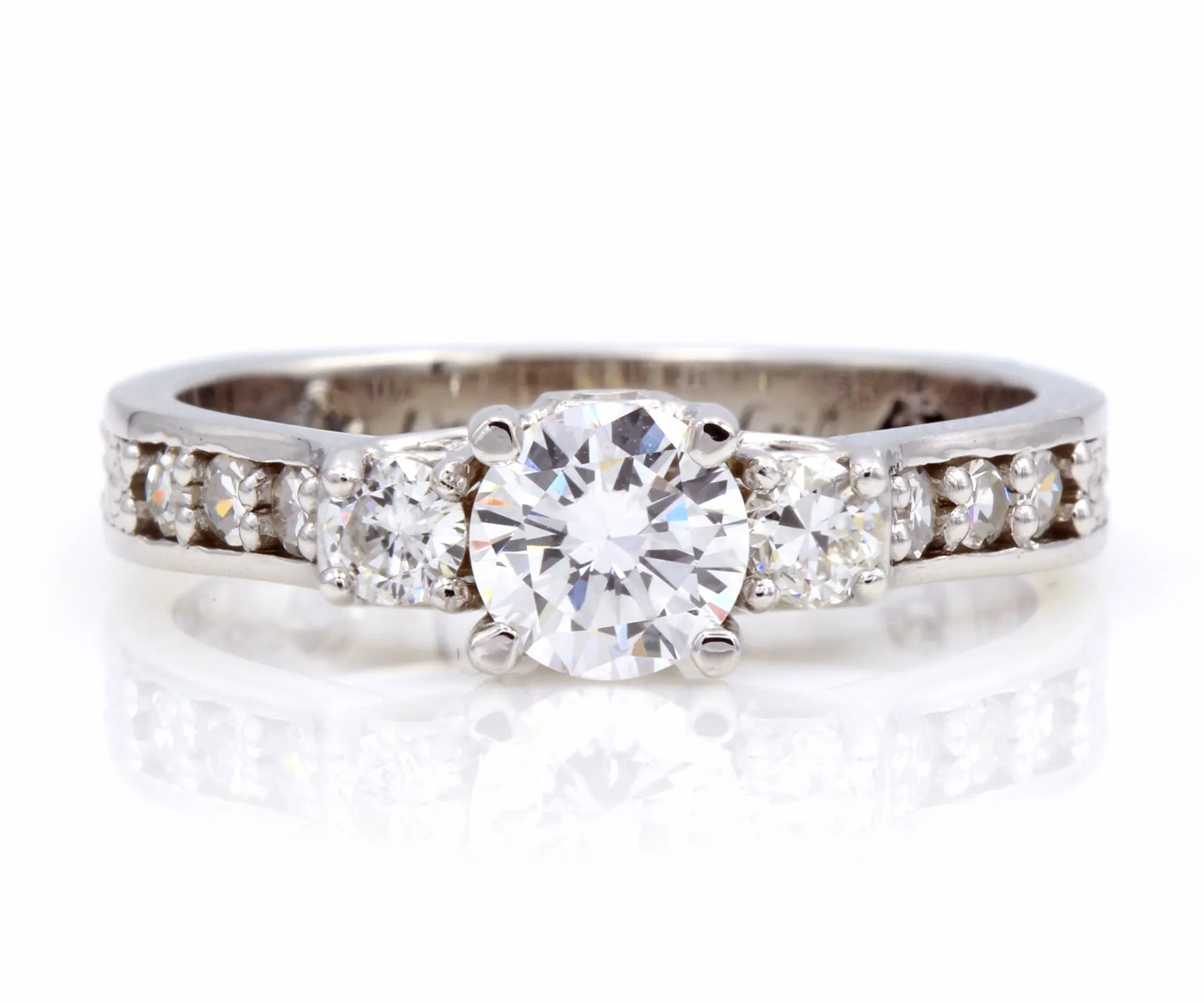 Three Stone Rose Engraved Diamond Ring