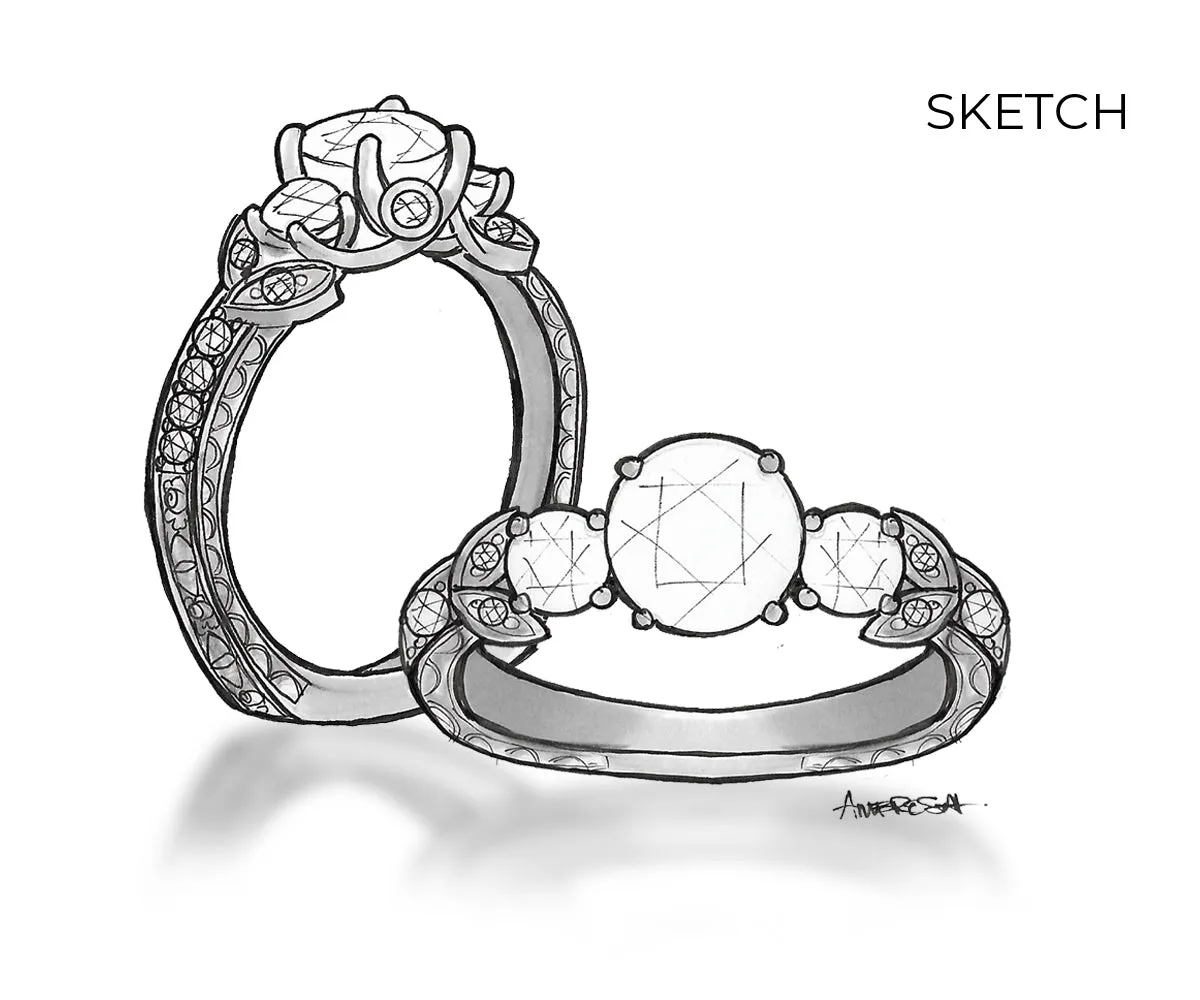 Three Stone Rose Engraved Diamond Ring