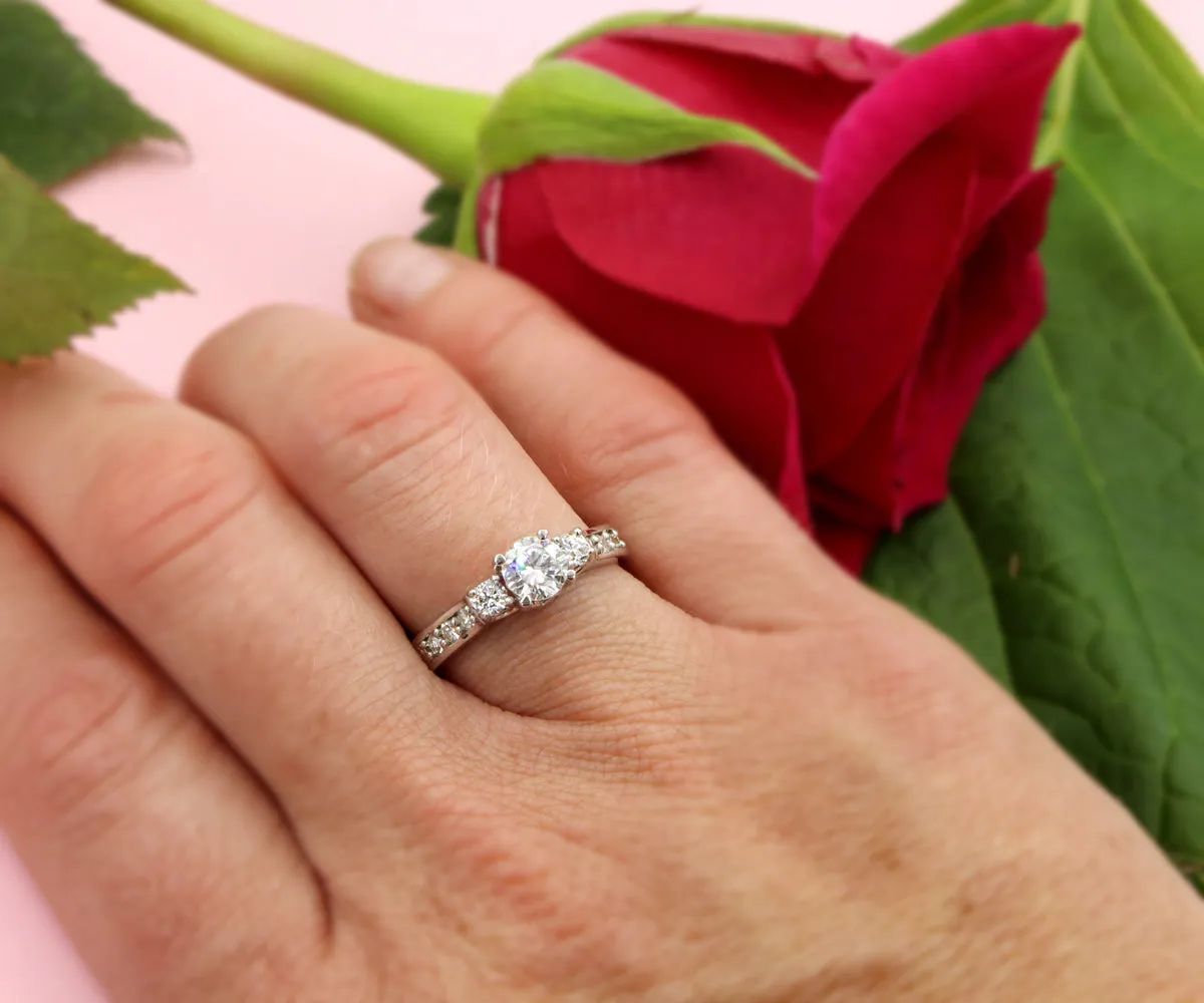 Three Stone Rose Engraved Diamond Ring
