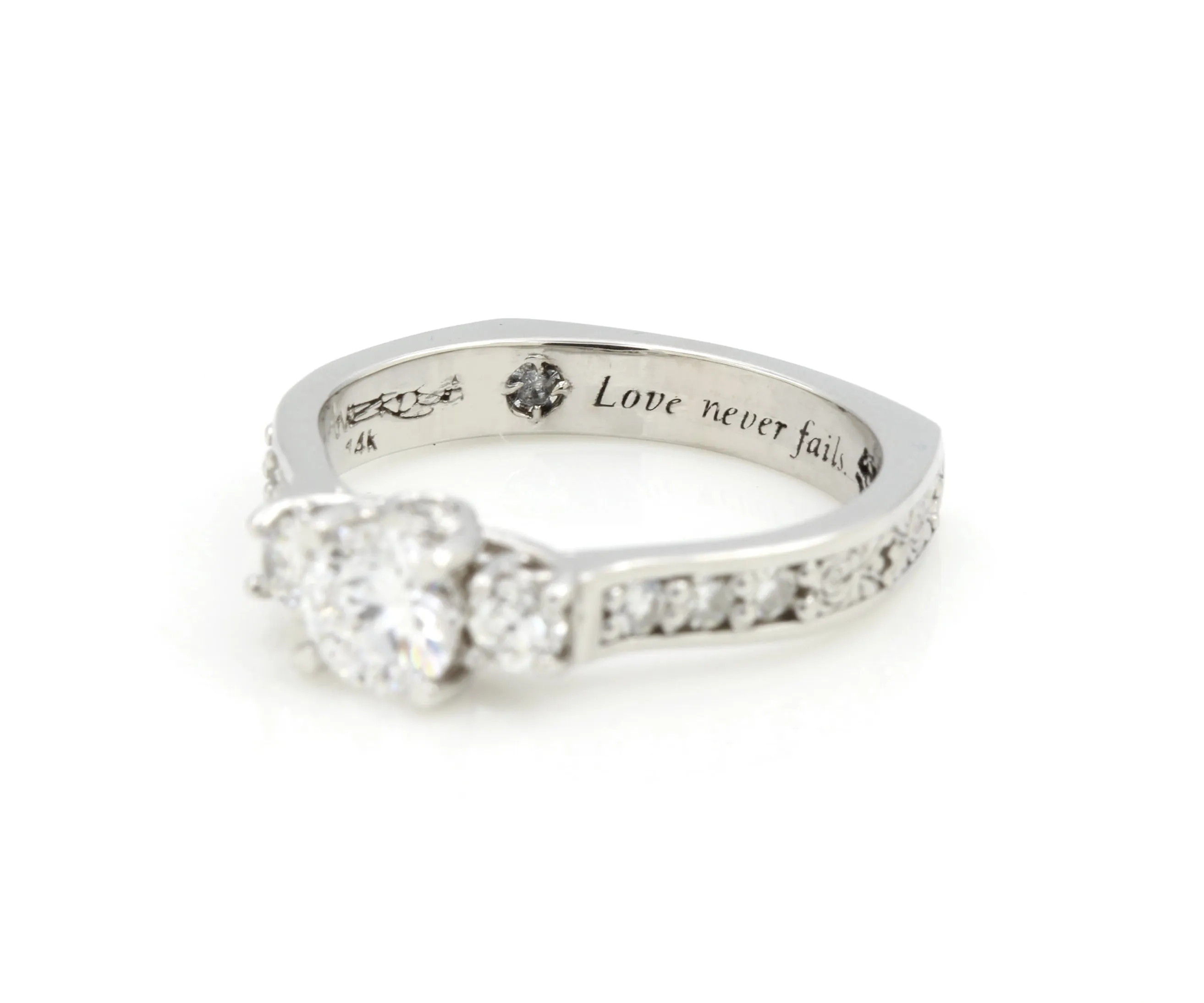 Three Stone Rose Engraved Diamond Ring