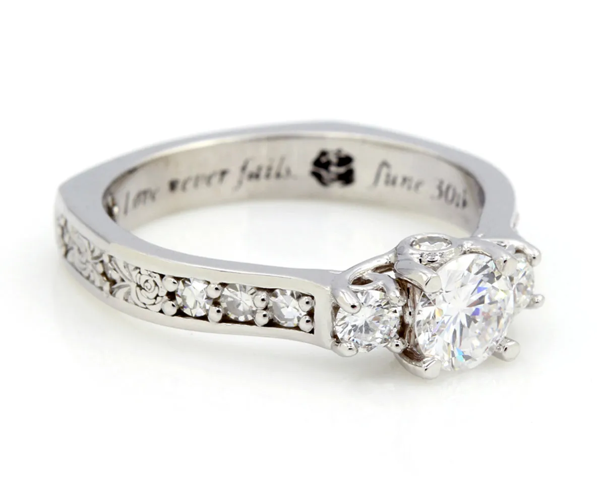 Three Stone Rose Engraved Diamond Ring